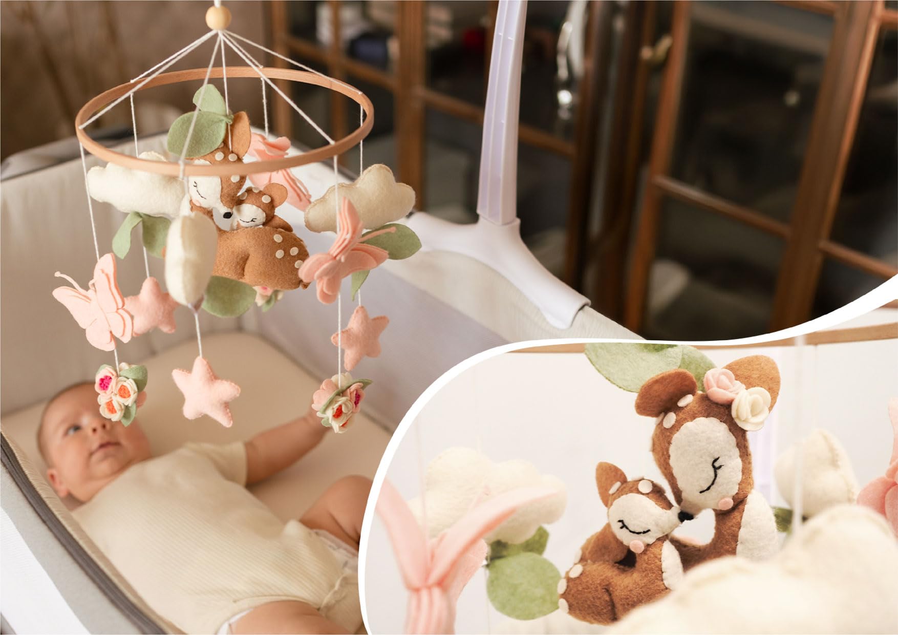 Baby Mobile fürs Bett mit Halterung, Rehe & Schmetterlinge – Neno Rosi