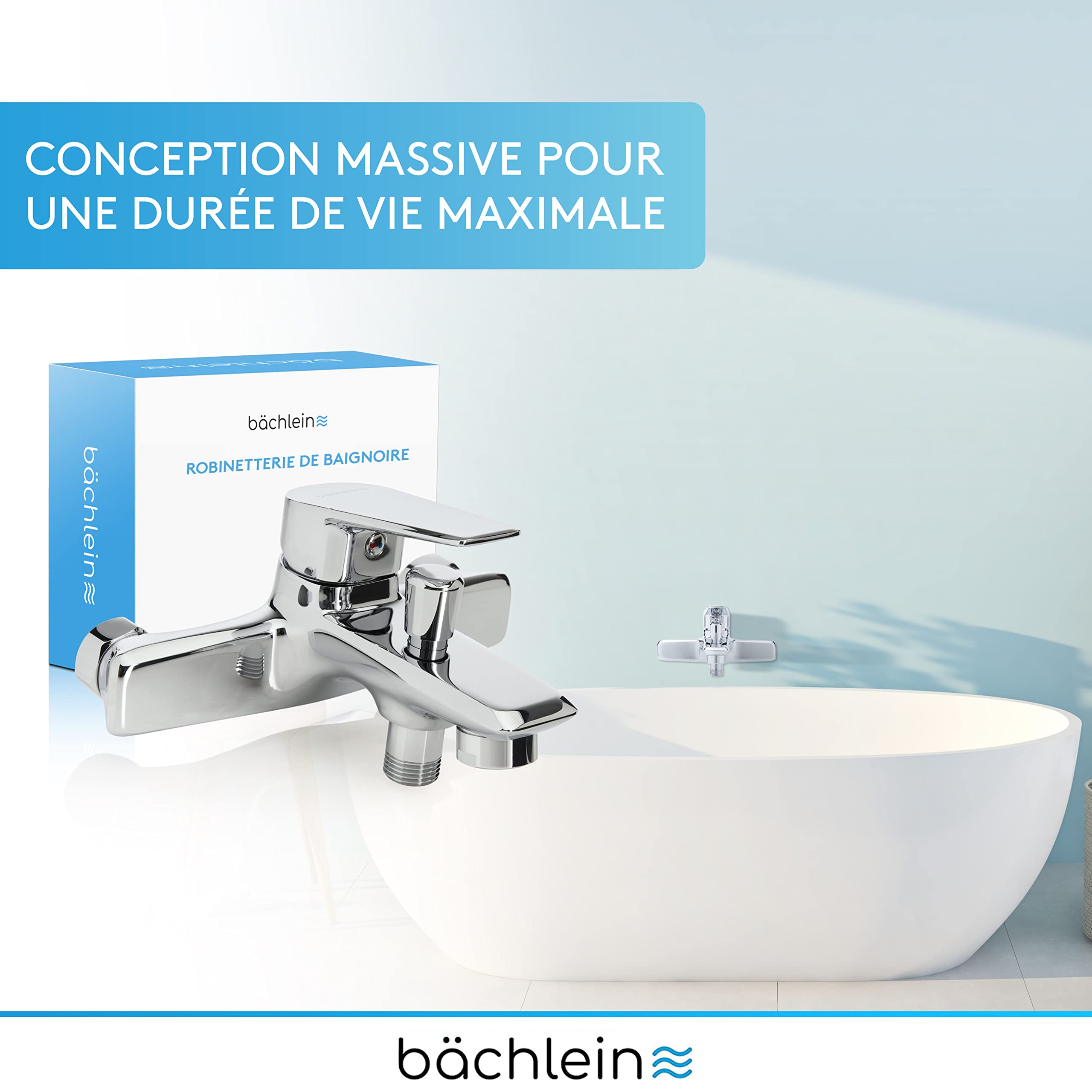 Bächlein Mitigeur Universel de Baignoire Chromé - Set Complet de Mitigeur de Baignoire avec Tous les Accessoires, Mitigeur Monocommande pour Baignoire, Mitigeur de Bain, Mitigeur de Baignoire Apparent