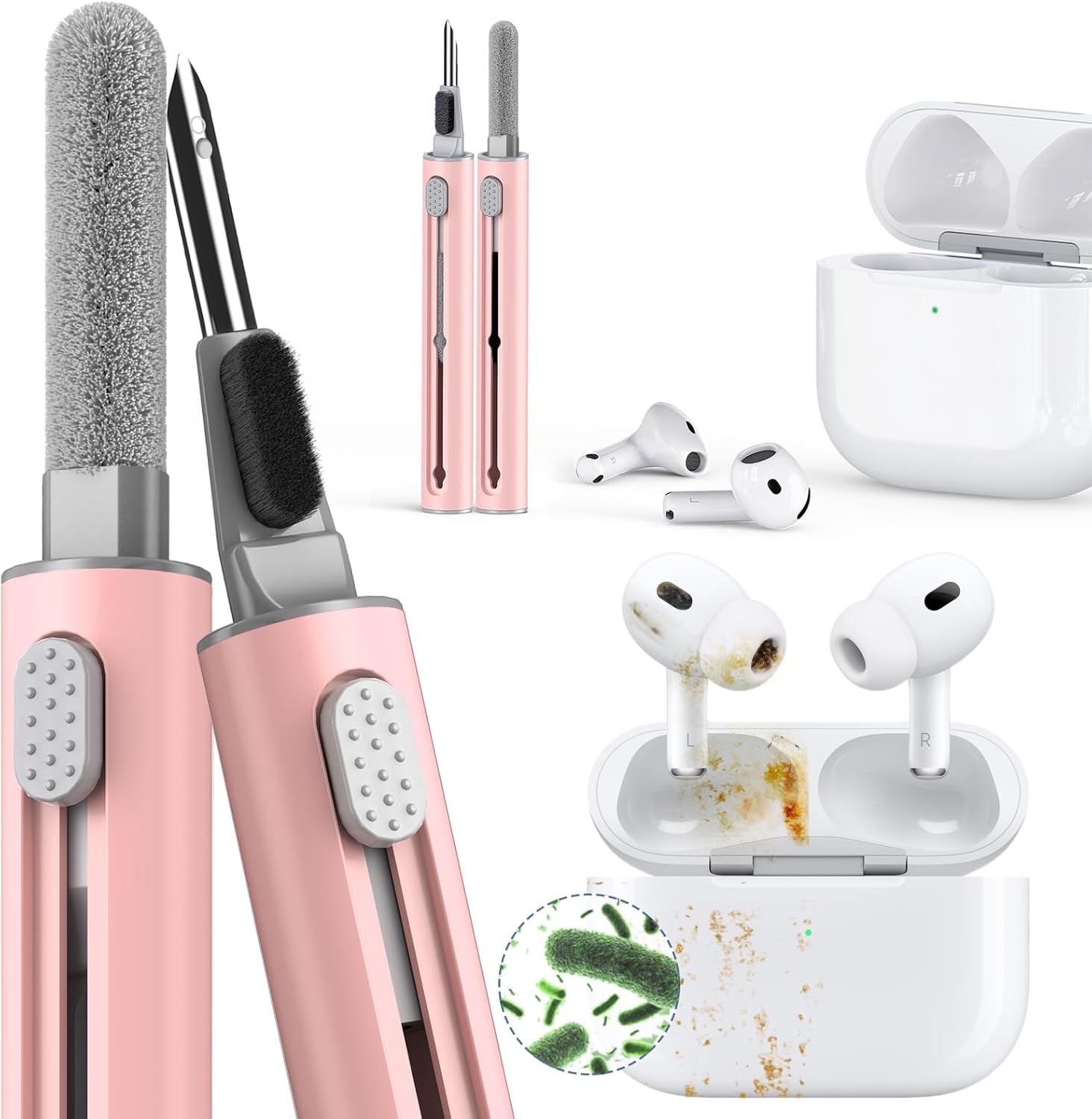 【1 Pack】 Cleaner Kit for Apple Airpods 4 Earbuds,Cleaning Kit Pen Shape with Soft Brush Flocking Sponge Tool for Bluetooth Earphones Headphones Charging Case,Phone,Camera and Computer(Pink)