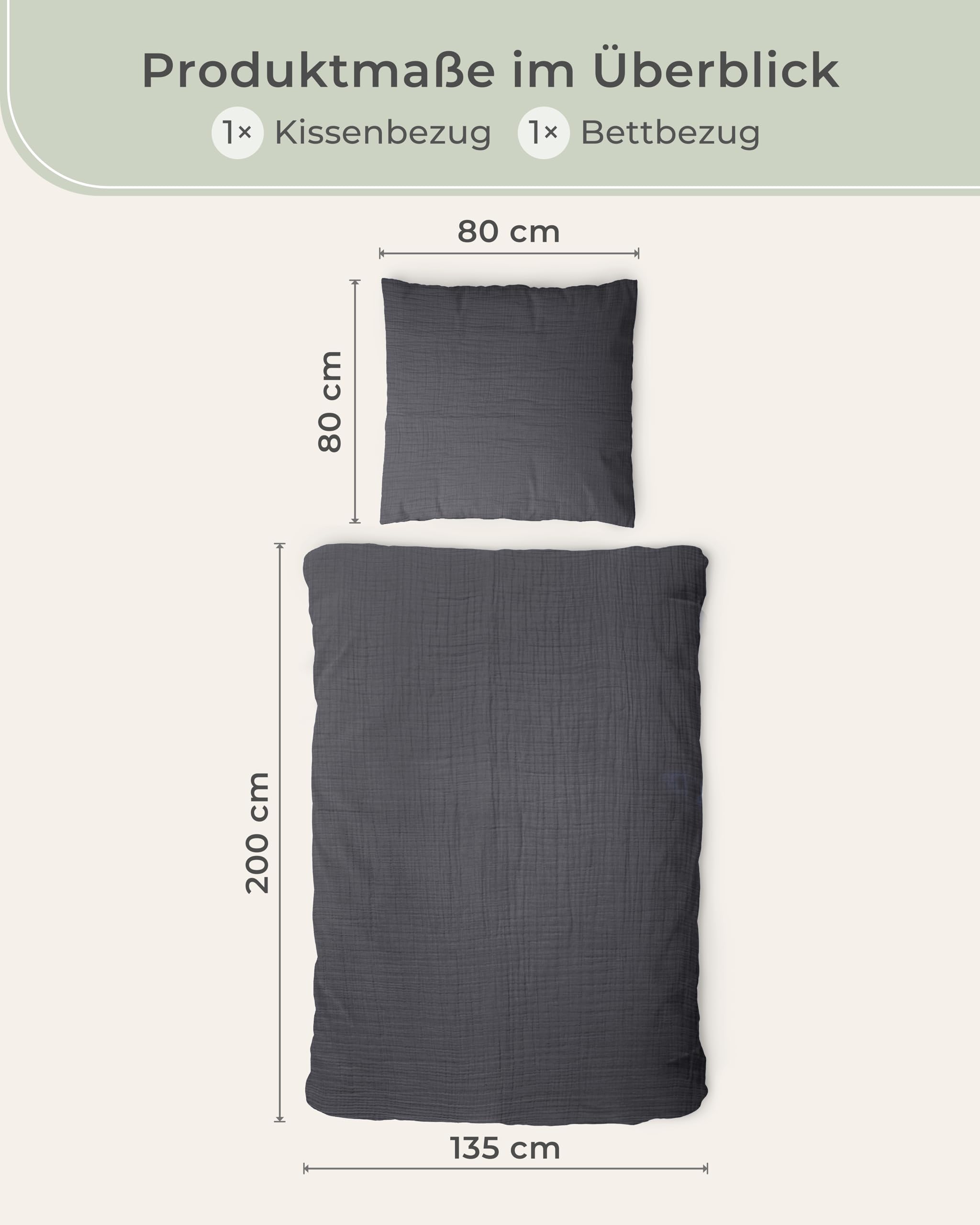 LAYNENBURG Musselin Bettwäsche 135x200 cm + 80x80 cm - Oeko-Tex – 100% Baumwolle – atmungsaktiv & bügelfrei – 2 lagiges Musselin mit Reißverschluss & Haltebändern (anthrazit)