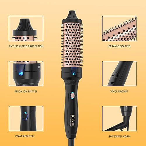 Miniatura 6 de K&K Cepillo térmico de 1.5 pulgadas, cepillo rizador calentado de cerámica, turmalina, iónico, rizador iónico, cepillo redondo, voluminizador de