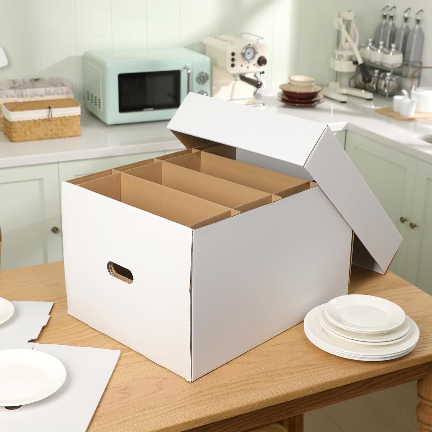 Fuyoooo 4 Pack Large Dish Packing Boxes for Moving with Divider 20 x 15 x 12 Inch Kitchen Moving Boxes with Reinforced Handle Lid Packing Supplies for Dishes and Glassware(White)
