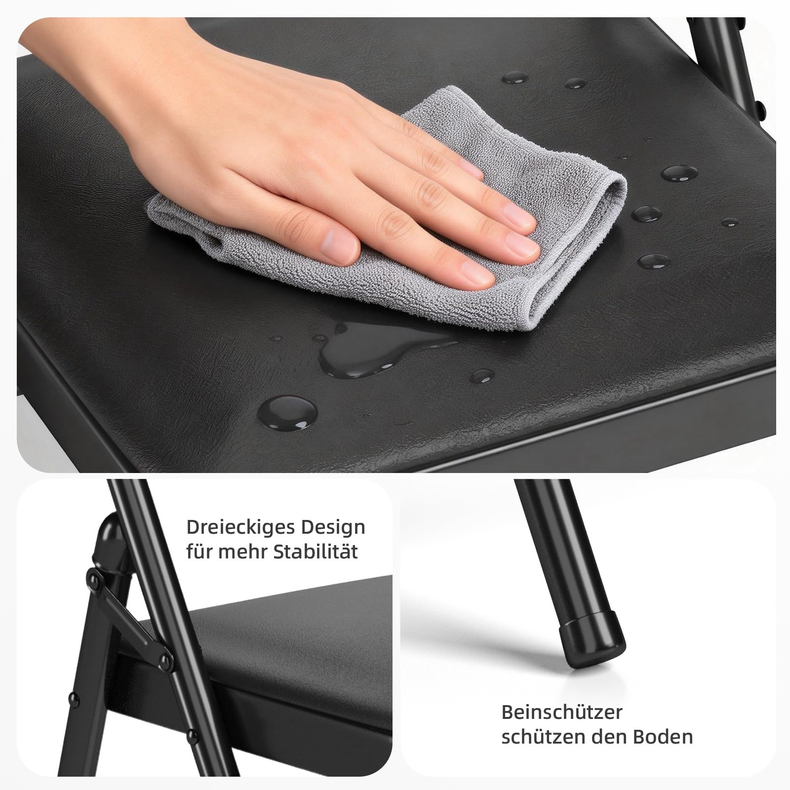 RUIE Chaises Pliantes Lot de 6 Cuir PU, Chaise Métal Rembourrée, Chaises pour Cuisine Bureau Camping Balcon Jardin Salle à Manger, Chaise Pliante Exterieur, jusqu'à 158Kg, Noir