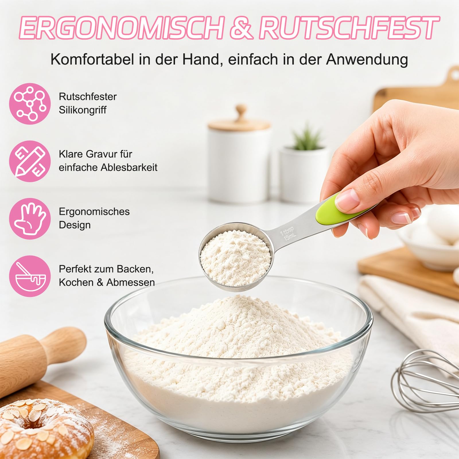 10-teiliges Messlöffel Set & Measuring Cups aus Edelstahl, bunte Messbecher & Löffel Set mit 2 Ringen, spülmaschinenfestes Backzubehör für Küche & Kochen