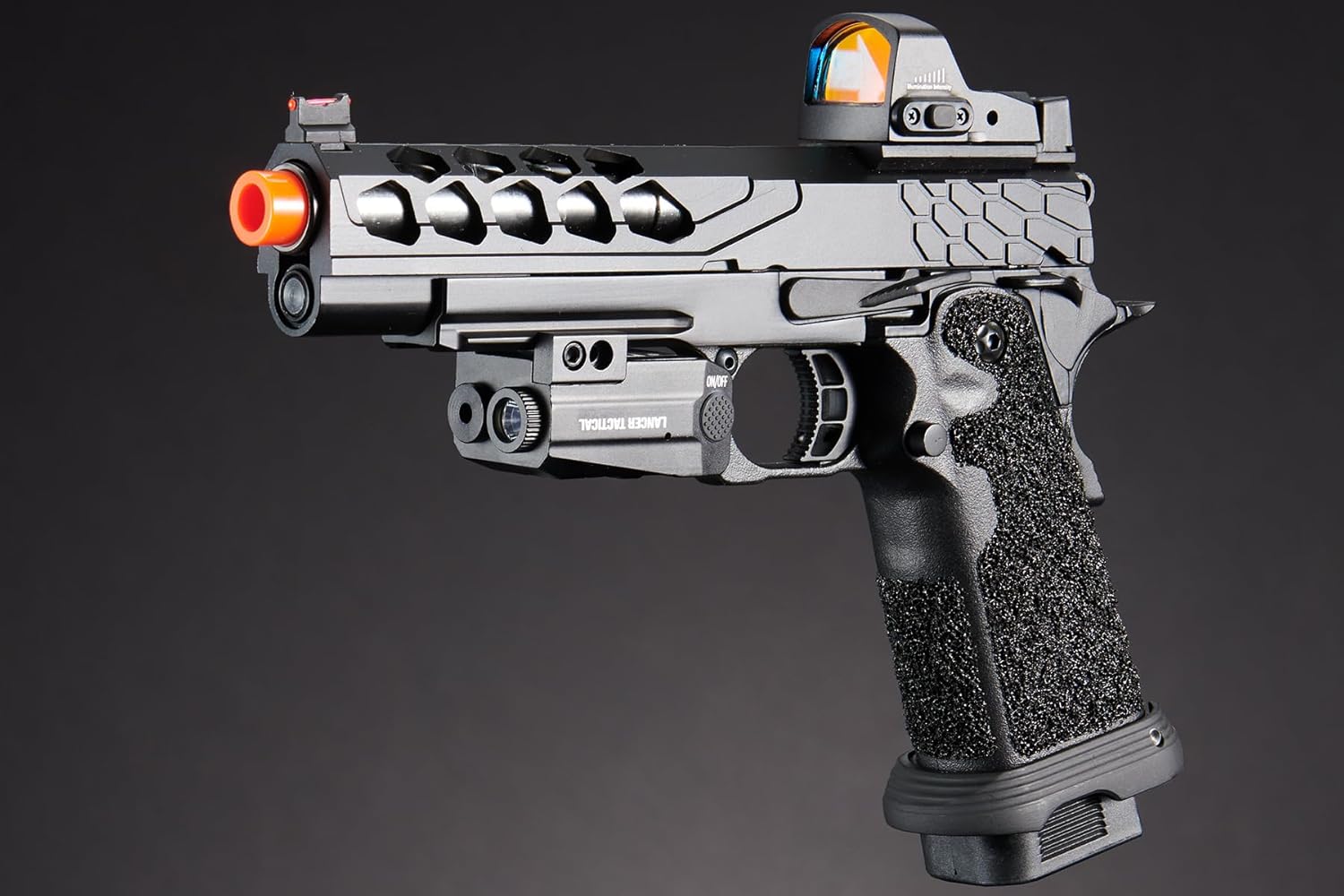 Lancer Tactical STRYK Hi-Capa 5.1 Gas Blowback Airsoft Pistol with Low Profile MICR Red Dot Flashlight & Laser (Red)