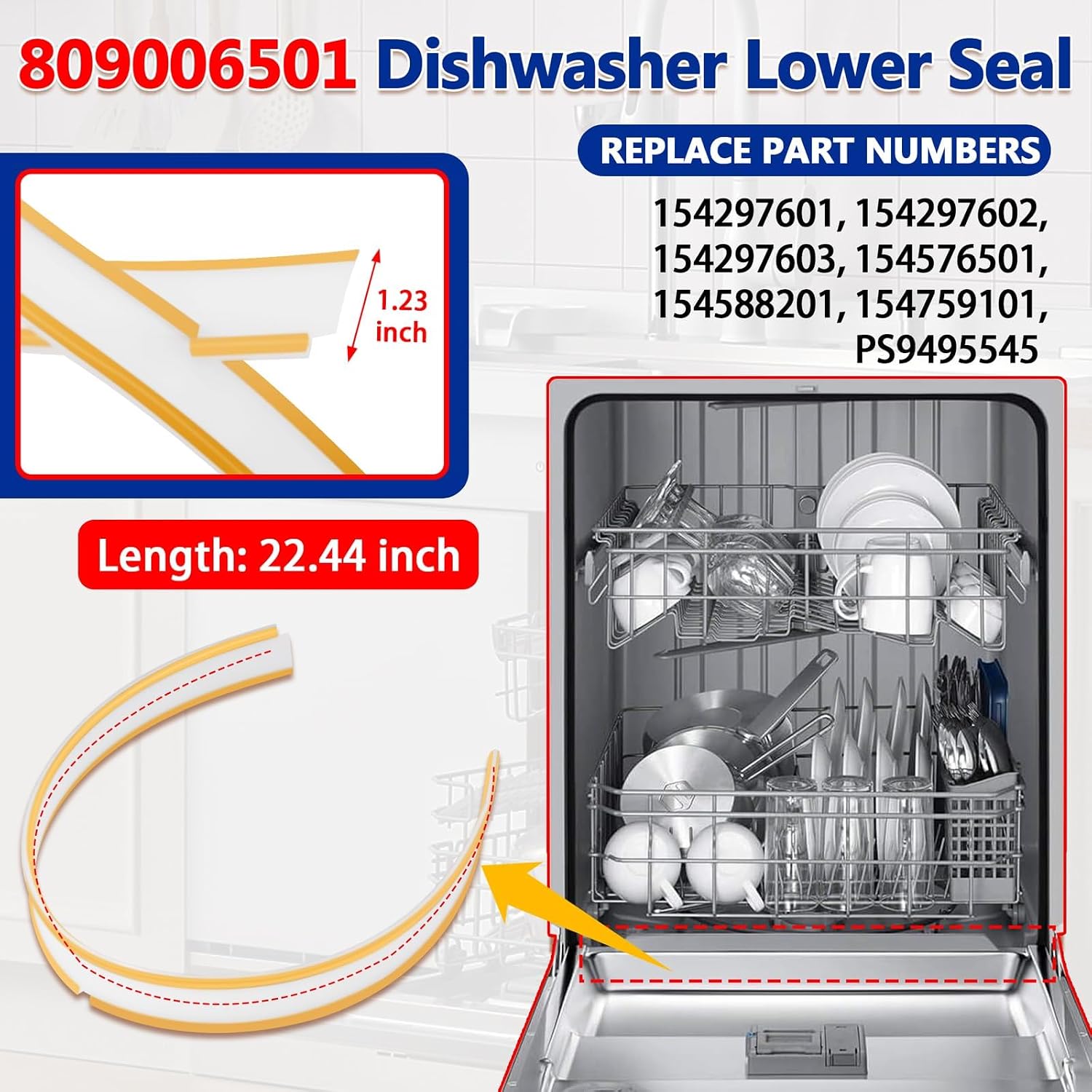154827601 Dishwasher Bottom Door Seal Gasket Kit, Fit for Frigi-daire Ken-more Cros-ley Dishwasher - Including 154827601 Tub Gasket, 809006501 Lower Seal, 154701001 Splash Shield Kit