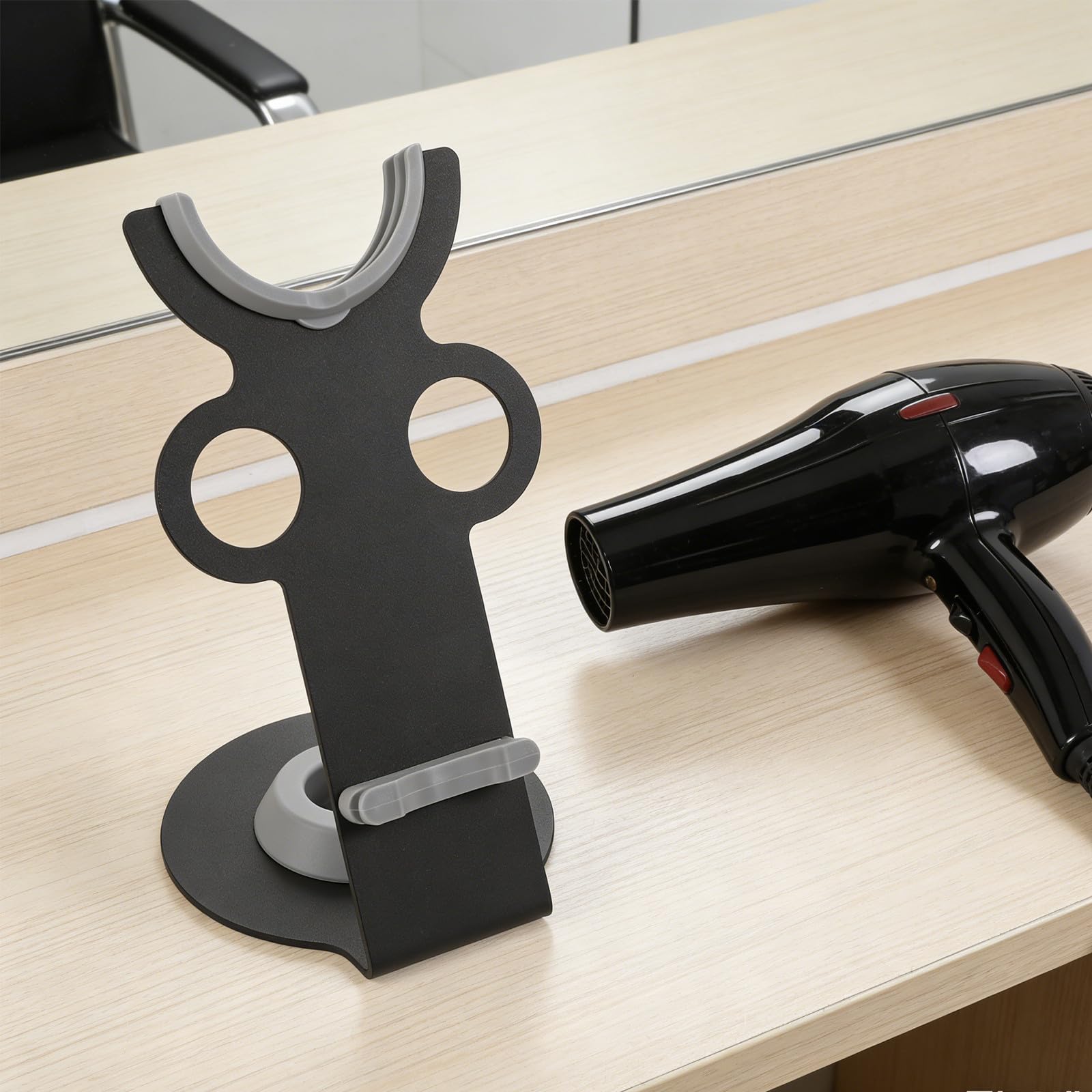 Soporte para Secador de Pelo de Escritorio Negro de Metal y Plástico | Organizador de Encimera para Baño y Tocador, Diseño Moderno, Mantenimiento Fácil, Ahorro de Espacio