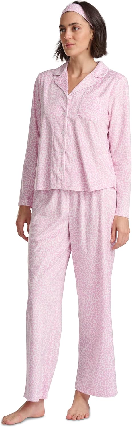 Karen Neuburger womens Long Sleeve Minky Fleece Notch Collar Top and Pant Pajama Set With Matching Headband - Image 2