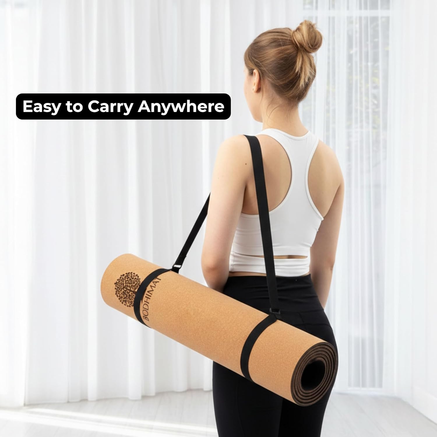 Cork Yoga Mat for Hot Yoga – Sweat-Activated Grip, 4mm Stable Support, Natural Cork Surface + Non-Slip TPE Base, 72” x 24”, Pilates & Fitness Mat with Carry Strap