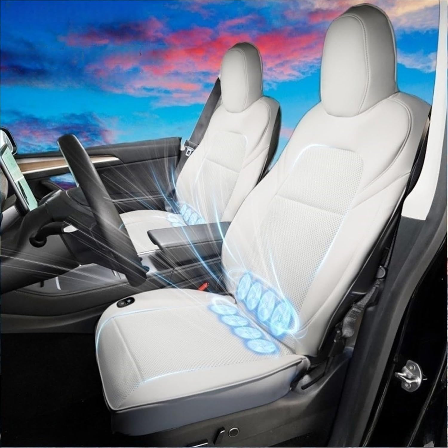 Ventilation Seat Cover Compatible for Tesla Model 3 Y Summer Cool Breathable with Fan Ventilated Ice Silk Seat Cushion(White)