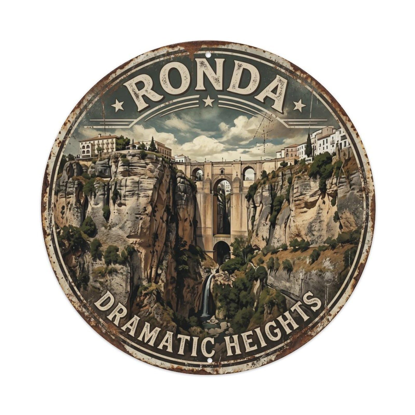 Vintage Travel Ronda Bridge Gorge Metal Tin Sign Plaque Wall Decor for Cafe, Club Bar, Office, Home Garden Round Metal Poster 8x8Inch