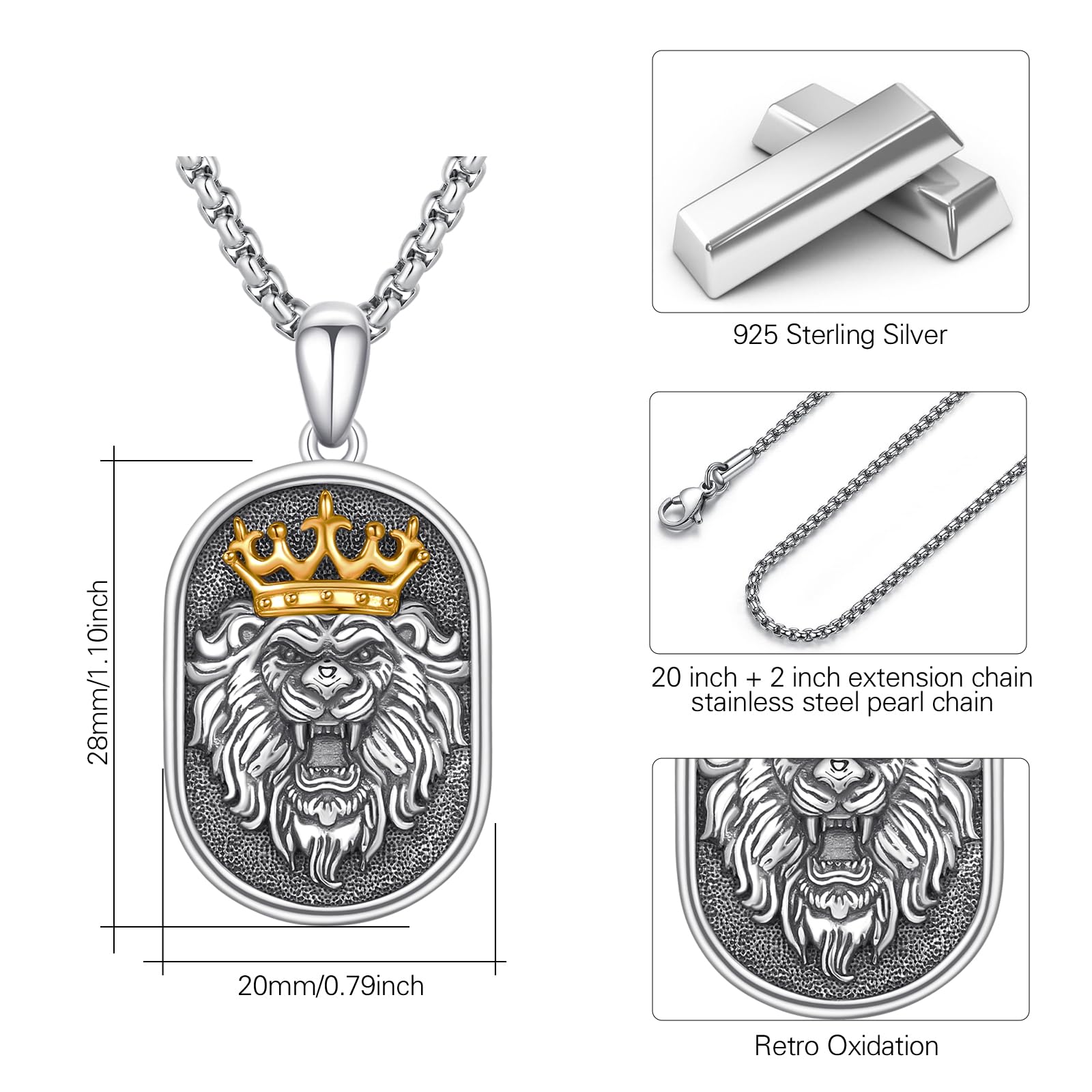 Löwen könig Kette 925 Sterling Silber Vintage Lion Tierkopf Anhänger Tier Halskette für Männer Frauen Mutter Mädchen (Löwen könig)