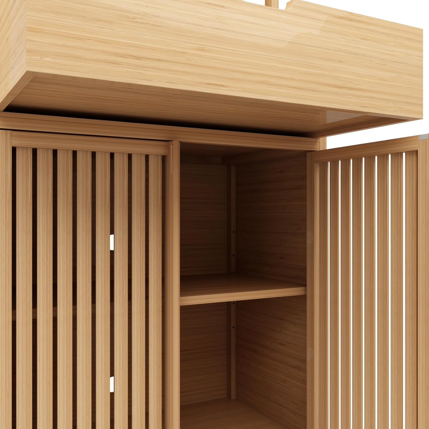 72-Foot-Tall, Wood-Coloured, Double-Door Bamboo high-Capacity Storage Cabinet for Main Living Spaces Such as Dining Rooms, bedrooms, and Living Rooms
