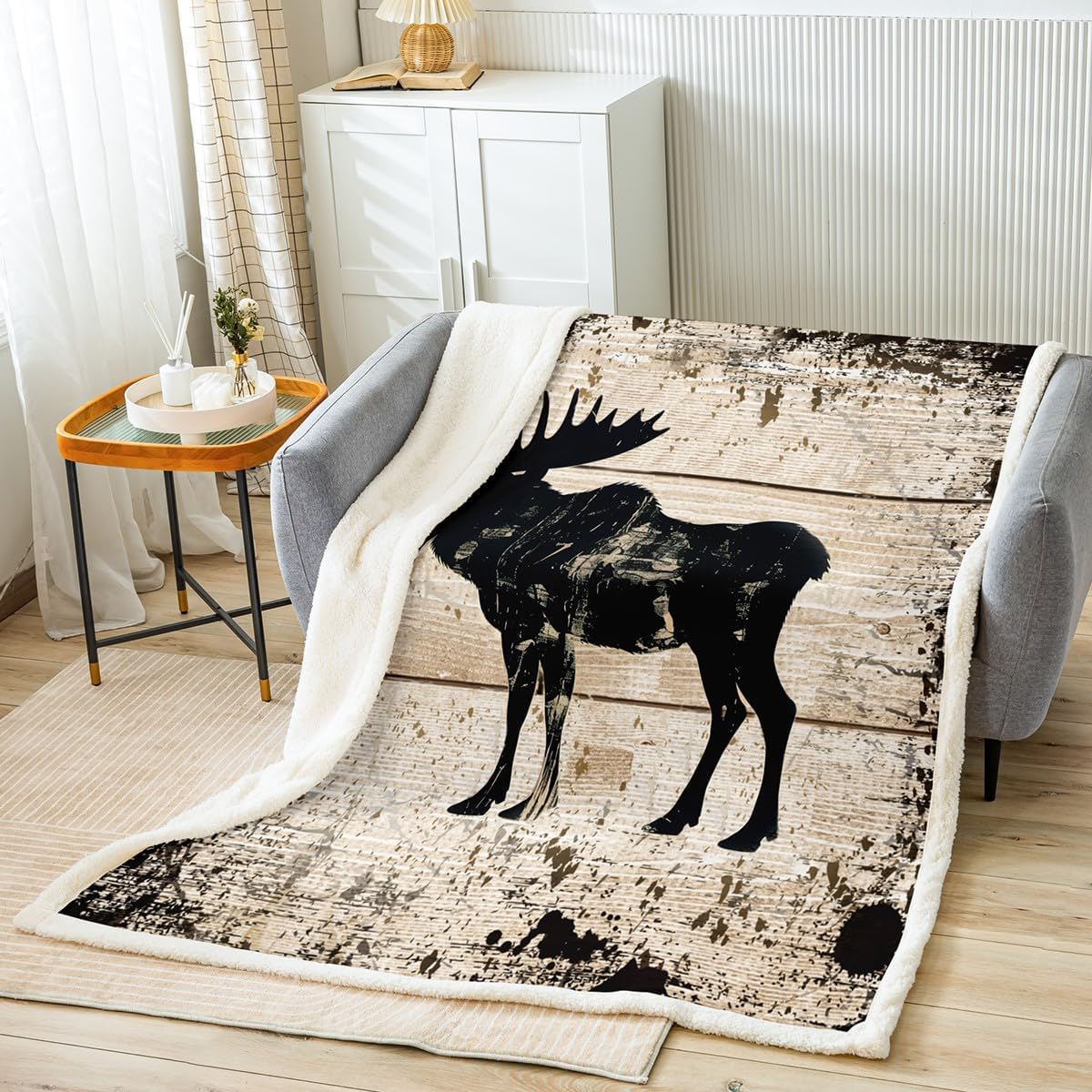 Feelyou Moose Fleece Throw Blanket for Bed Sofa Kids Retro Wild Moose Plush Fuzzy Blanket Women Men Vintage Black Wildland Animal Sherpa Blanket Rustic Hunting Theme Throw Blanket Twin 60"x80"