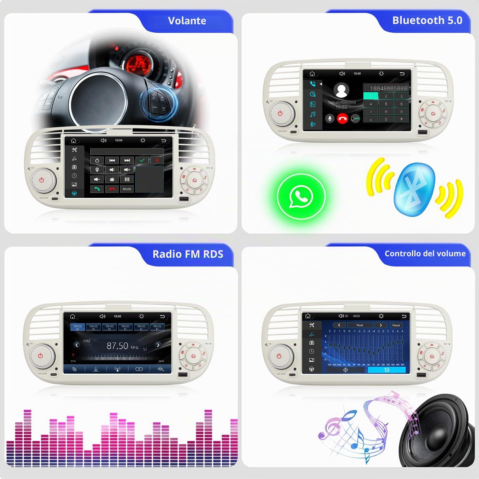 Autoradio per FIAT 500 radio con schermo touchscreen USB Bluetooth FM/AM Linux Sistema doppio din stereo auto con Carplay wireless/Android Auto bianco