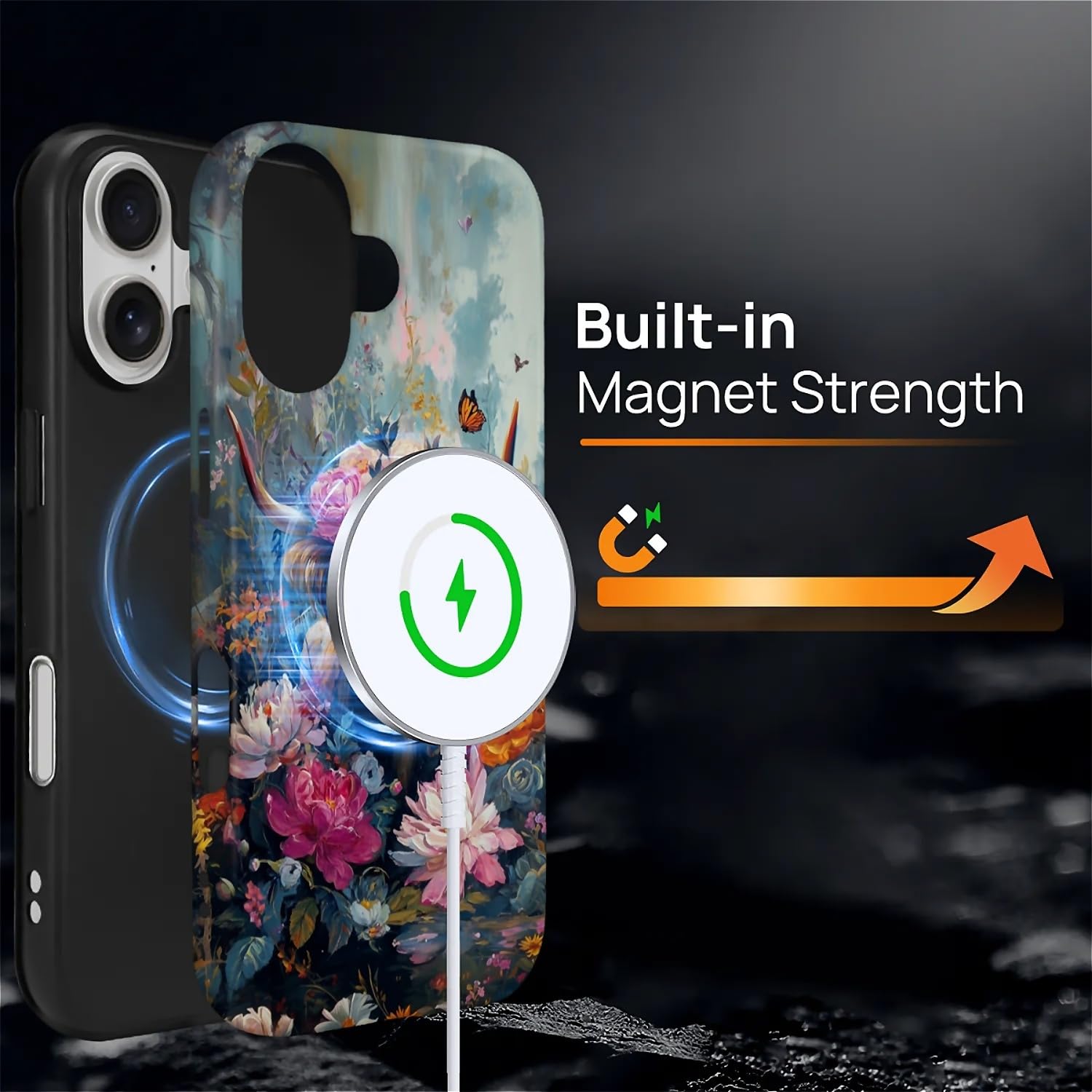 CARLOCA Custodia protettiva lucida per iPhone 17 compatibile con Magsafe Full Body per ragazza ragazzo antiurto ricarica magnetica motivo arte rococò colorata mucca delle Highland fiori farfalla