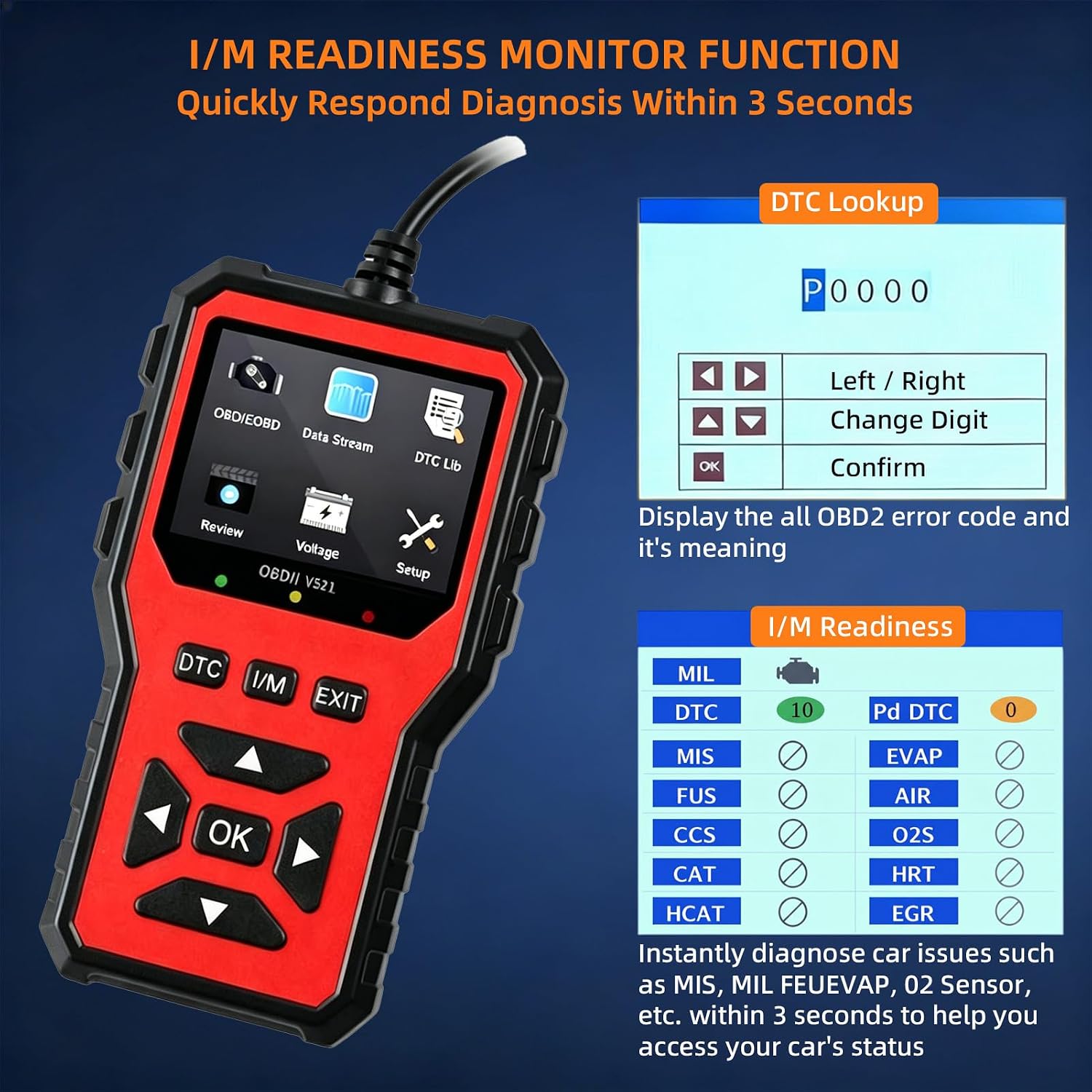 2026 Upgraded OBD2 Scanner Diagnostic Tool, Car Code Reader & Car Diagnostic Scanner, Check Engine Code Reader with Live Data, I/M, Mode 6/8, Battery Voltage, Read & Clear Error Codes (Red)