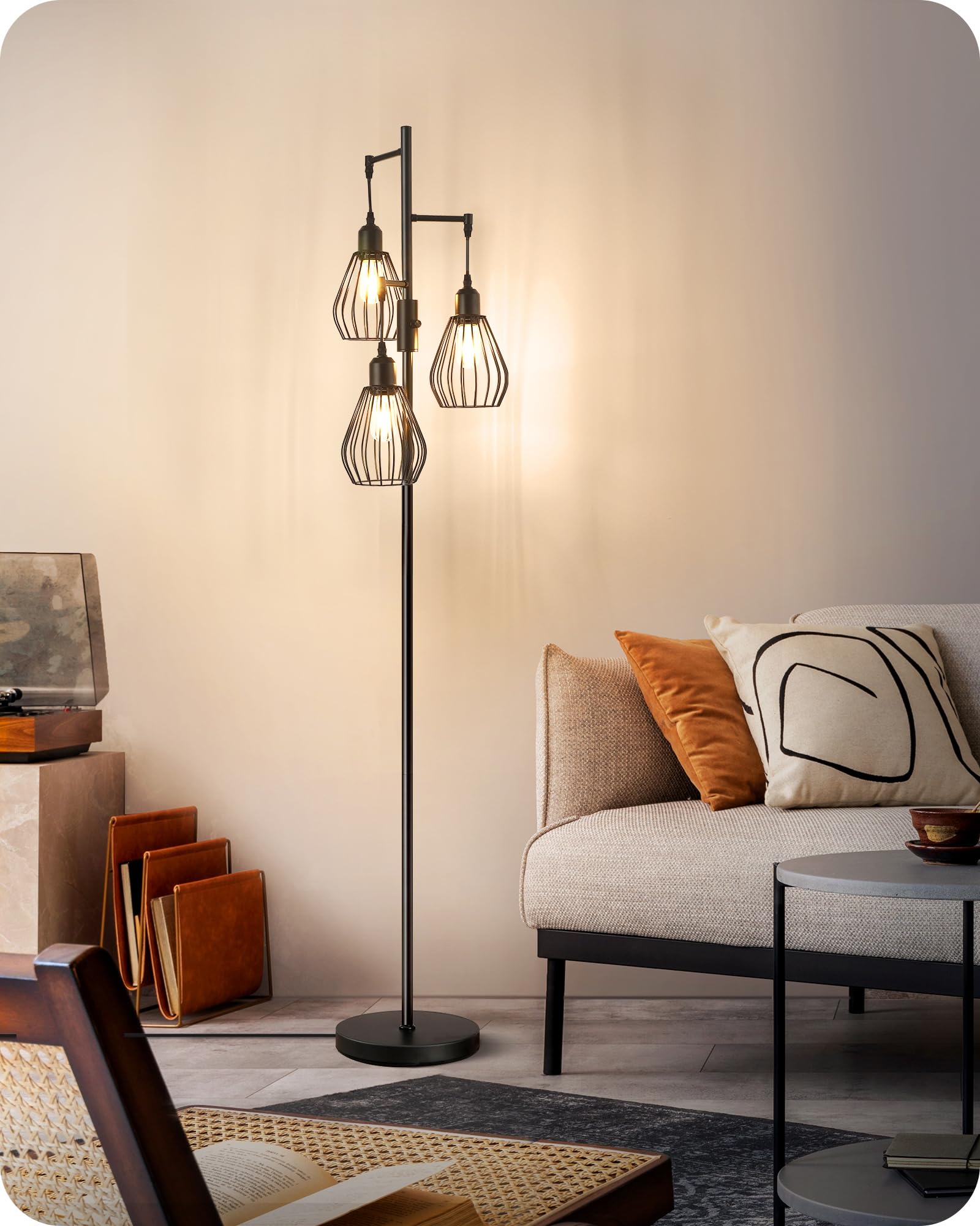 EDISHINE Lampada da terra industriale per soggiorno, 3 lampadine LED E27 incluse, bianco caldo 2700K, paralume in gabbia di metallo nero Lampada da terra design vintage retrò dimmerabile, 166 CM
