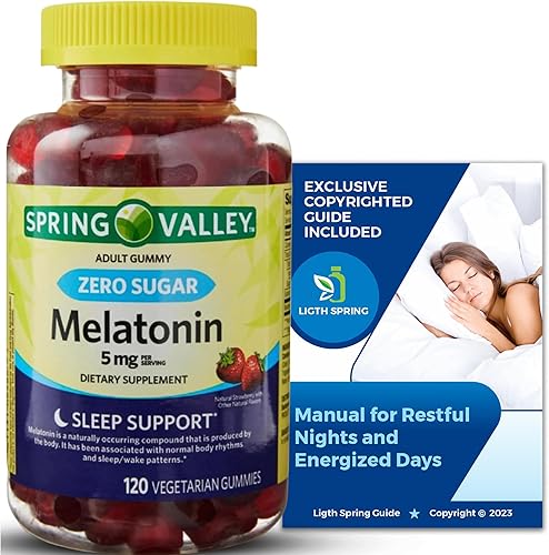 Spring Valley - Melatonina sin azúcar de 5 mg, 120 gomitas, paquete de apoyo para dormir con manual exclusivo para noches de descanso y días