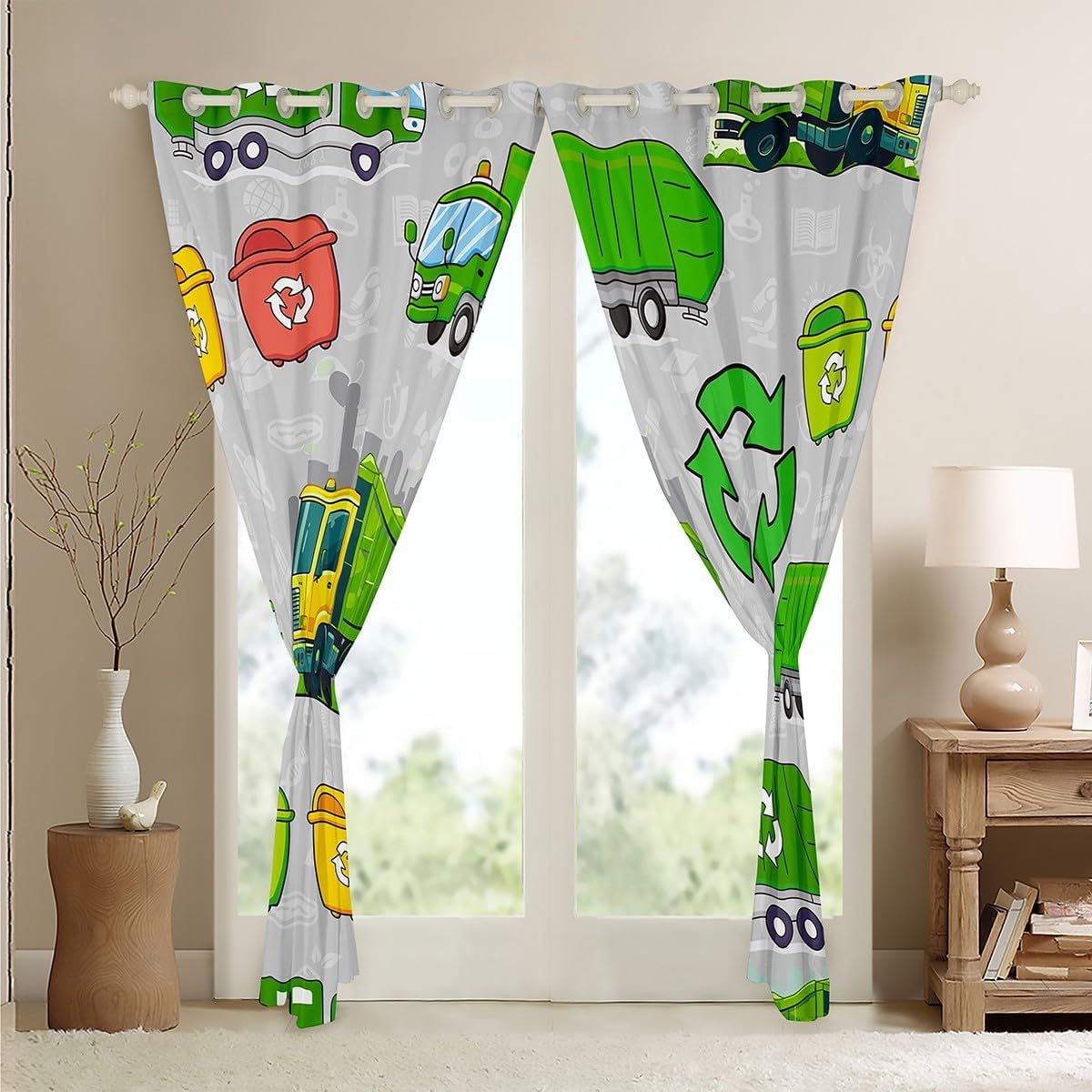 Feelyou Green Garbage Truck Grey Curtains Cartoon Trash Truck Window Drapes Treatments for Kids Boys Girls Green Vehicle Car Window Drapes Garbage Trash Toy Window Treatments, 42W X 63L,2 Panels