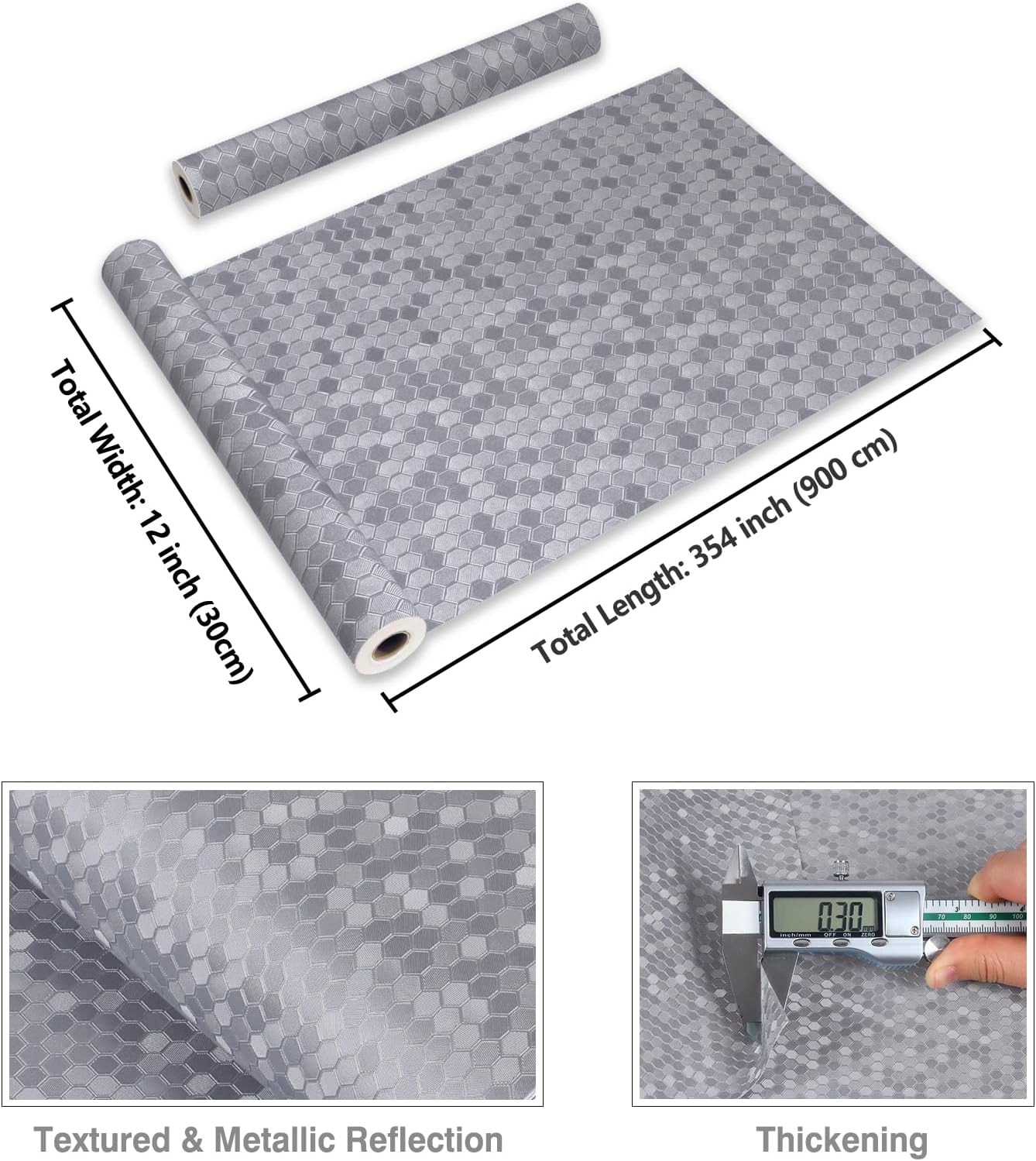 CRE8TIVE Thick Silver Grey Metallic Wallpaper for Kitchen Wallpaper Peel and Stick Textured 12"x354" Self Adhesive Hexagon Honeycomb Metal Contact Paper for Refrigerators Dishwashers Backsplash Walls