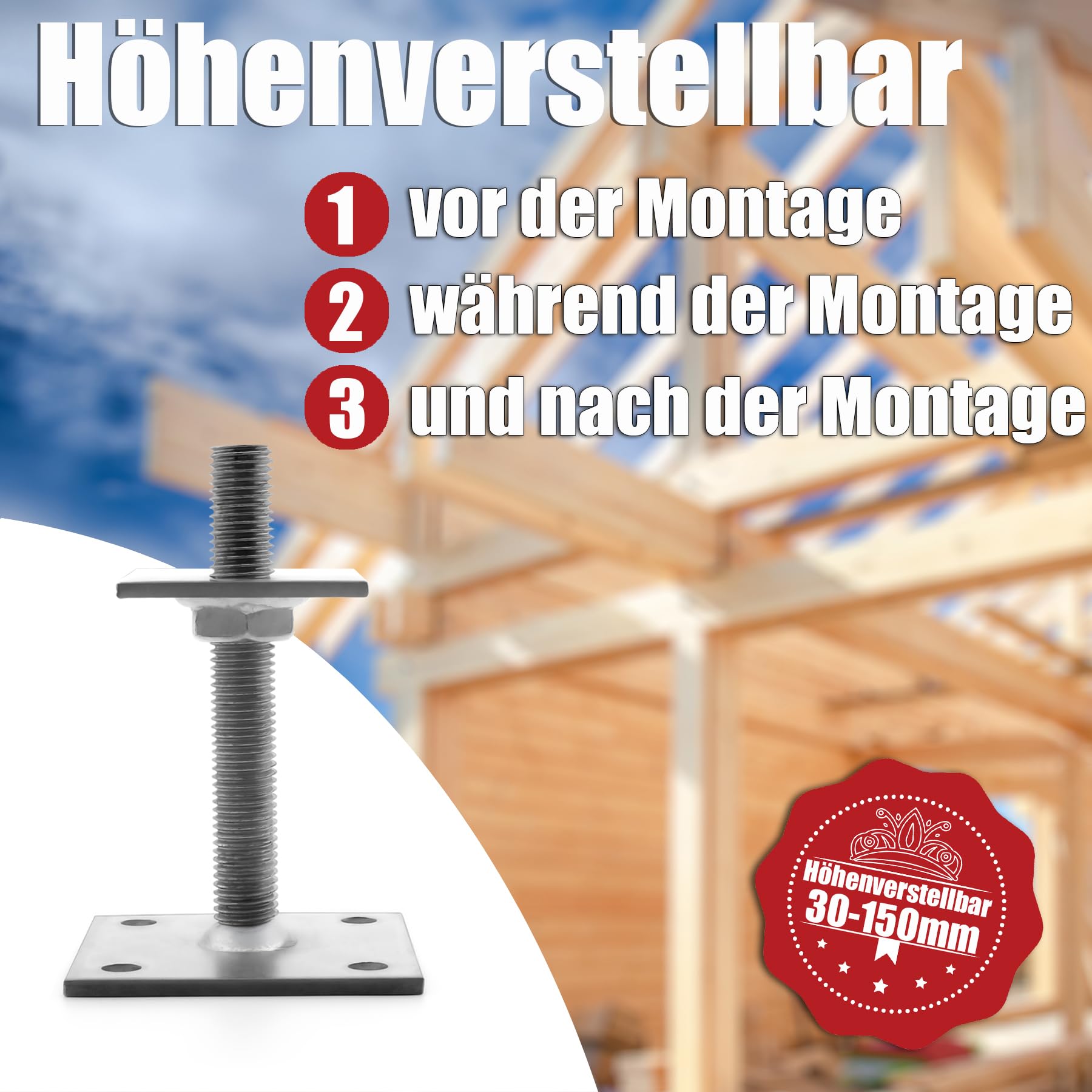 BigDean 4 Stück Pfostenträger höhenverstellbar Höhe 30– 150mm – verzinkt & zum Aufschrauben