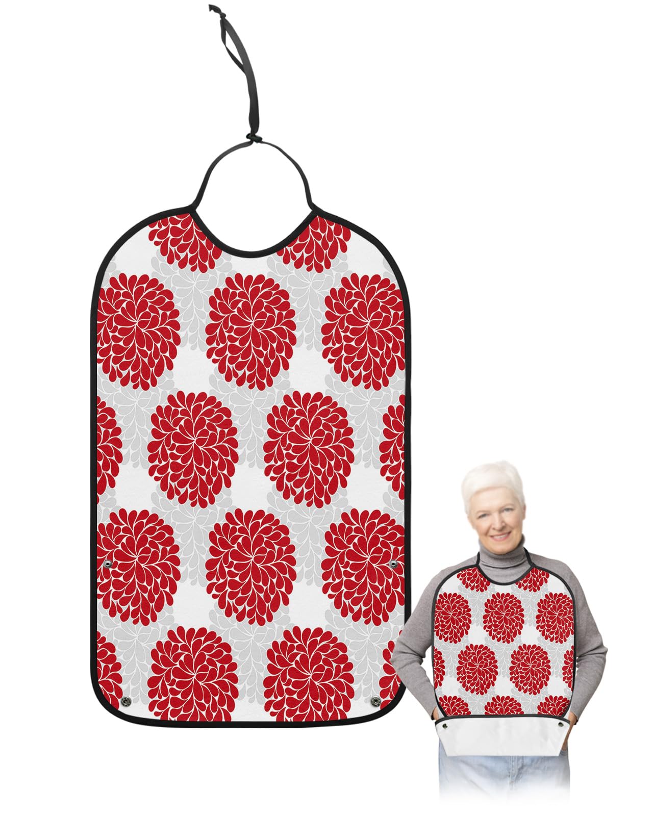 Red Flower Hydrangea Adult Bibs for Eating, Waterproof Bibs with Food Catcher & Adjustable Snap Closure, Simple Grey Shaded Floral Washable Clothing Protectors Adult Bibs for Elderly Women/Men