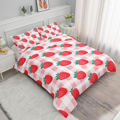 Miniatura 4 de Juego de ropa de cama Kawaii de fresa para niñas, juego de ropa de cama con patrón de cuadrícula rosa con 1 edredón y 2 fundas de almohada para