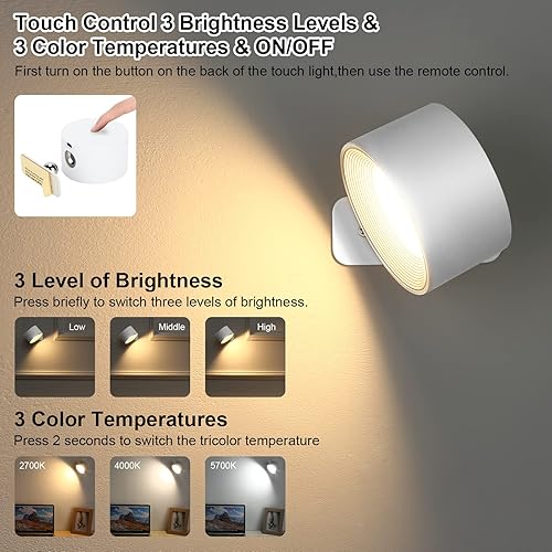 Miniatura 2 de LIGHTESS Apliques LED de pared, lámparas de pared con pilas recargables, paquete de 2, 3 niveles de brillo y 3 temperaturas de color, rotación de