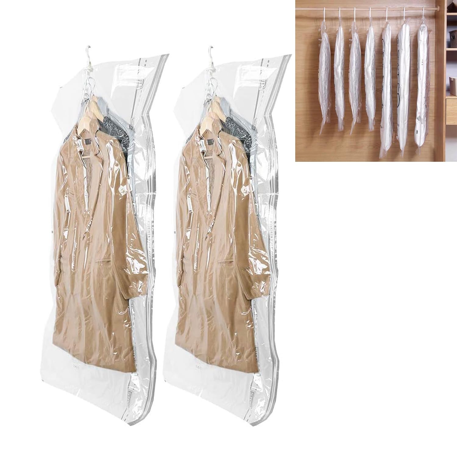 coneryconery Hanging Vacuum Storage Bags,Space-saving Vacuum Bag for Clothes, Suits, Dresses, Coats or Jackets, Clear & Reusable Closet Organizer (2 PCS,70 * 145cm)