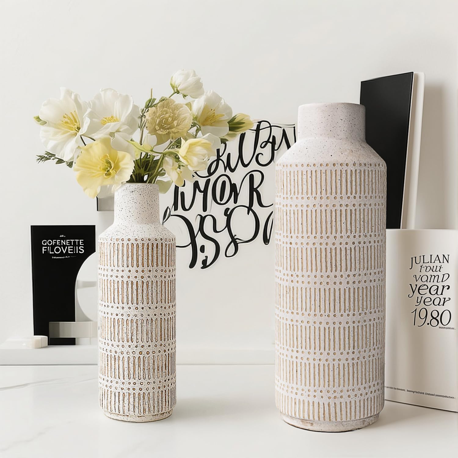 Farmhouse Ceramic Vase Set of 2 for Living Room Bedroom 15.75'' and 11.02'' Flower Bouquet Vases for Fake Plant Home Decor Office Fireplace Centerpieces Rustic Retro Vintage Modern Gift