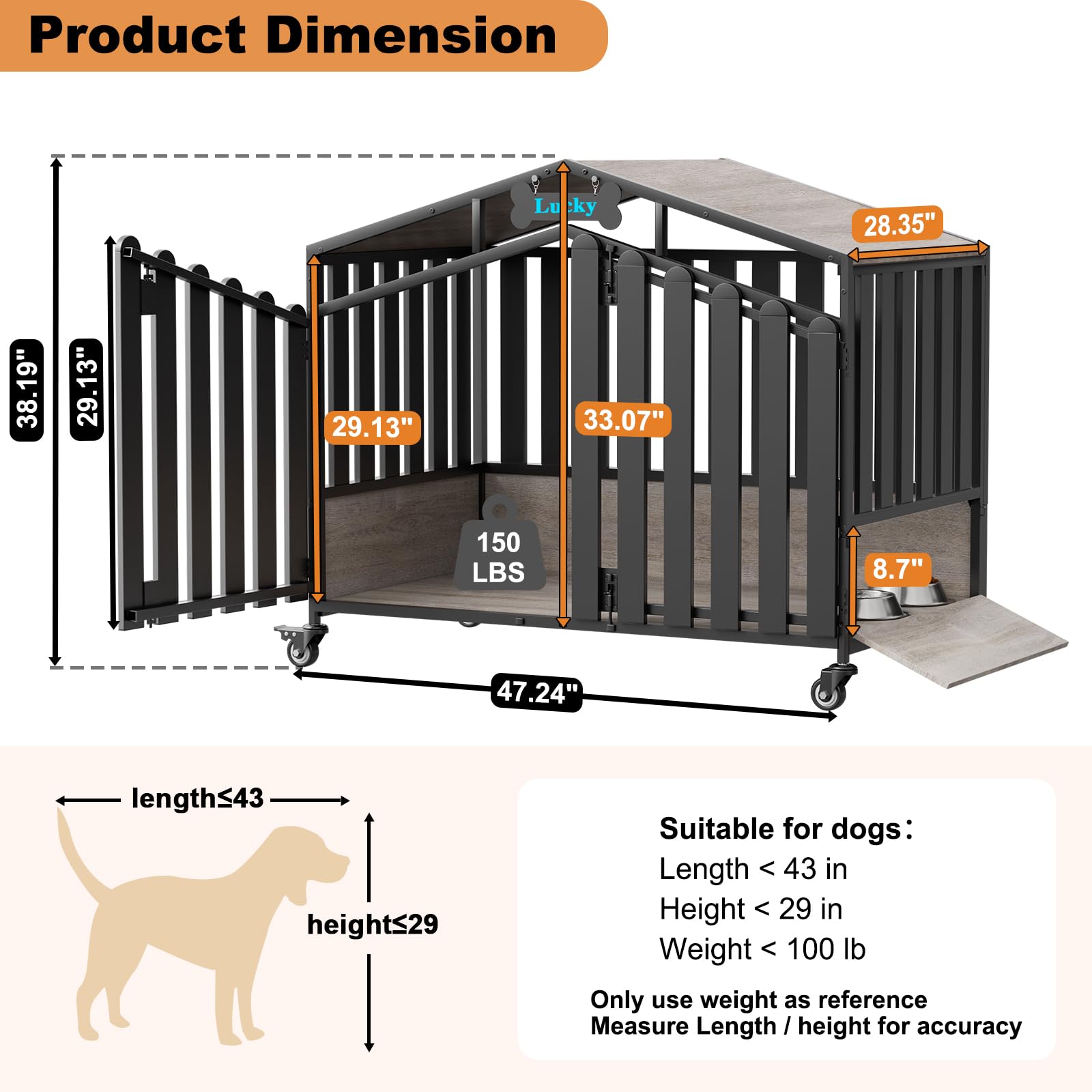 122cm XXL Große Hundekäfig Möbel, mit 360° Rollen und Namensschild, Holz Hundebox für Zuhause mit Futterklappe, 2 Türen, Dicke Stahlplatten, Kau-/Ausbruchsicher, 122x72x79cm, Eichengrau