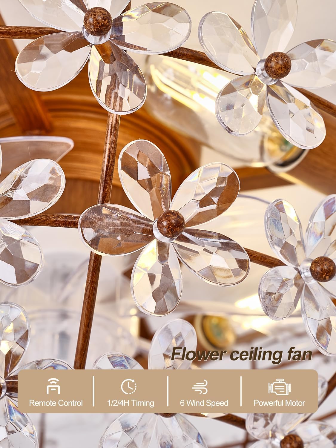 18" Flower Fandelier Ceiling Fan with Light, Crystal Flush Mount Ceiling Fan with Light and Remote, Mid Century Caged for Bedroom, Nursery, Living Room