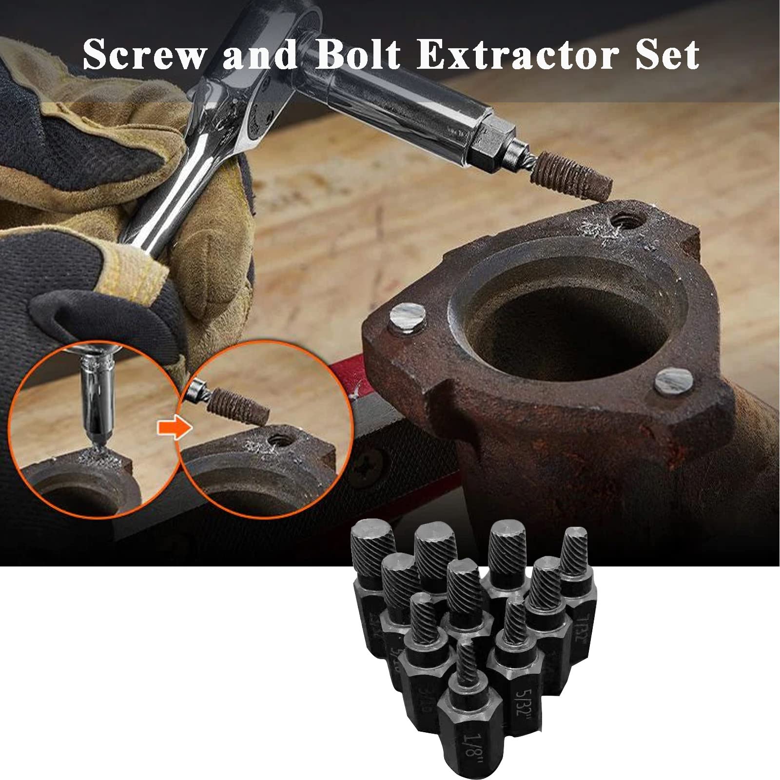 MYCK Screw and Bolt Extractor Set, Easy Out Screw Extractor Set, Heavy-Duty Damaged-Screw Extractor, 10PCS Ez Out Bolt Extractor Sets