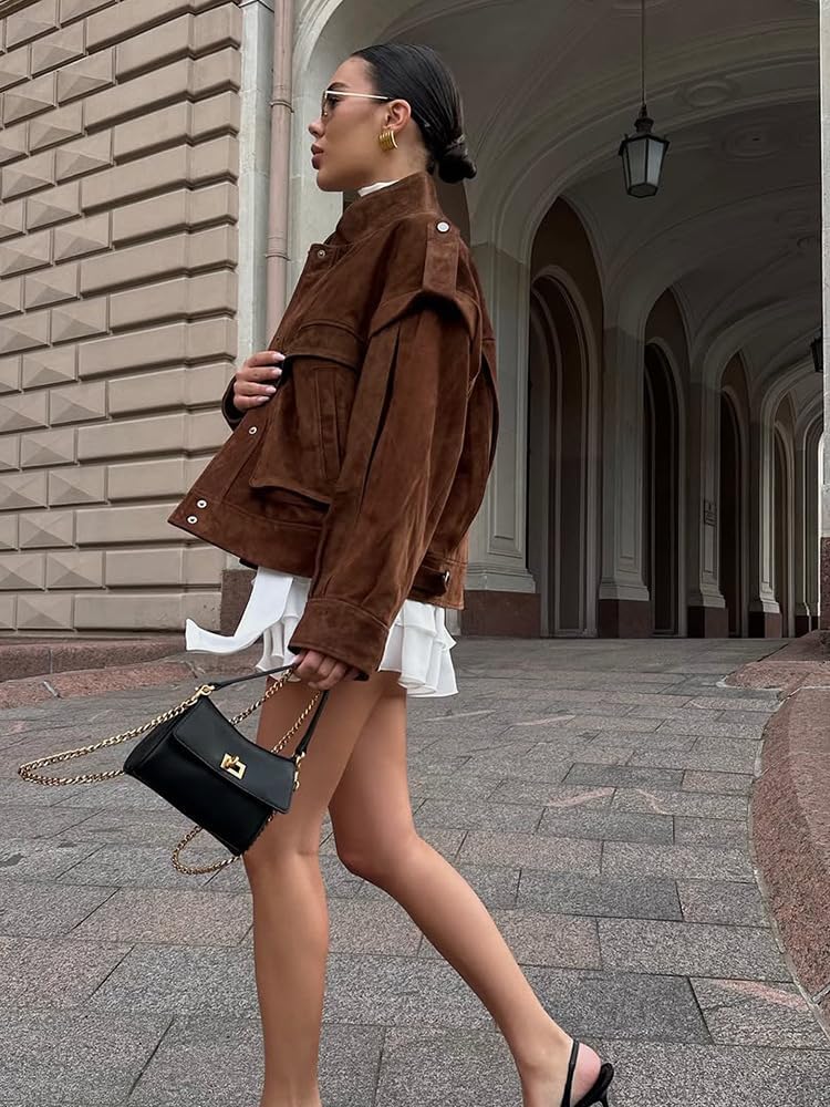 HOTIAN Women's Oversized Suede Biker Jacket - Cropped Stand Collar Faux Suede Moto Coat for Fall & Winter