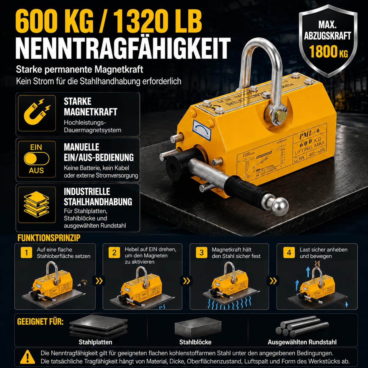 Magnetheber 600 kg permanenter Hebemagnet mit manuellem EIN/AUS-Hebel