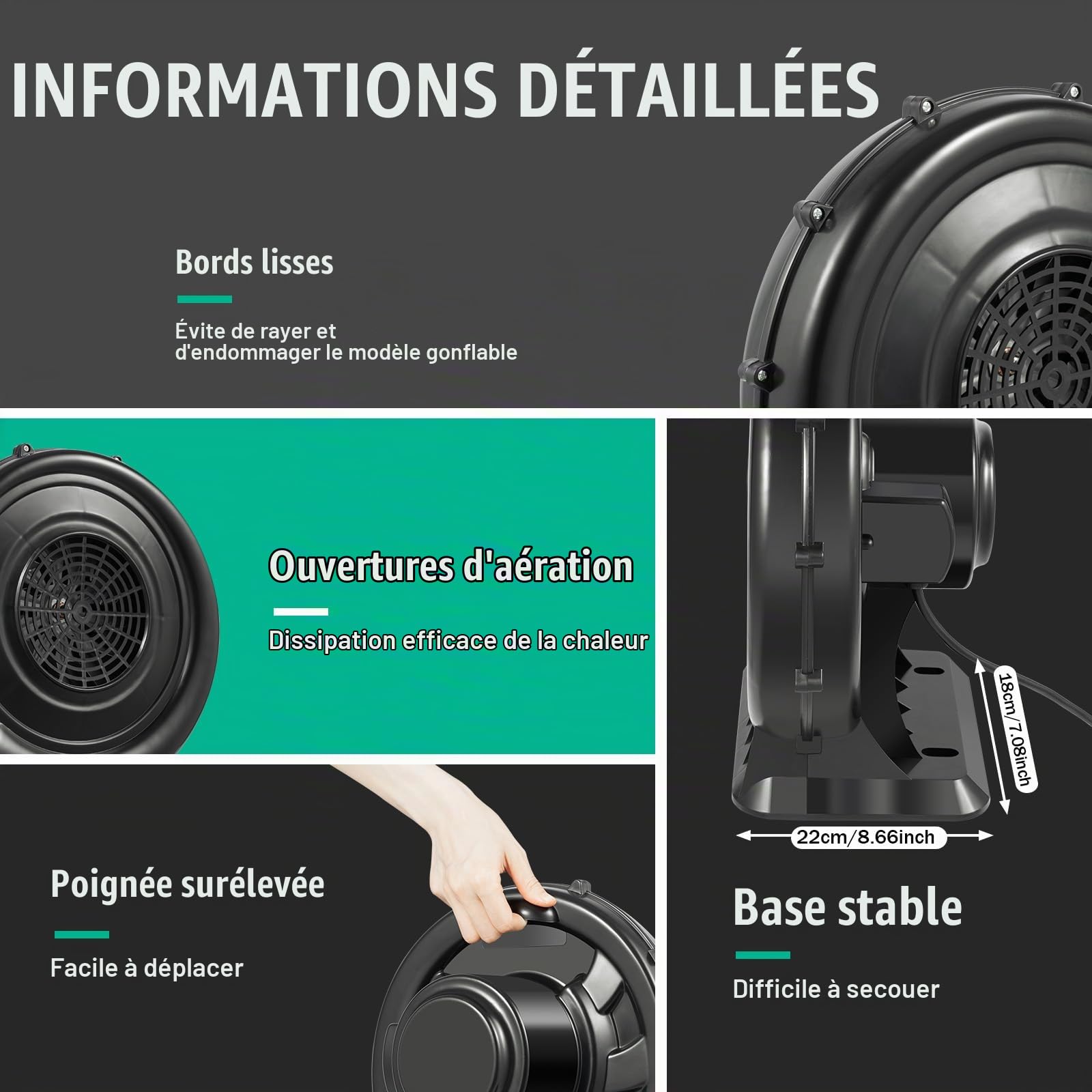 Souffleur haute pression 370 W pour château gonflable - Souffleur silencieux et durable pour jouets gonflables - Pompe à air (250 W)