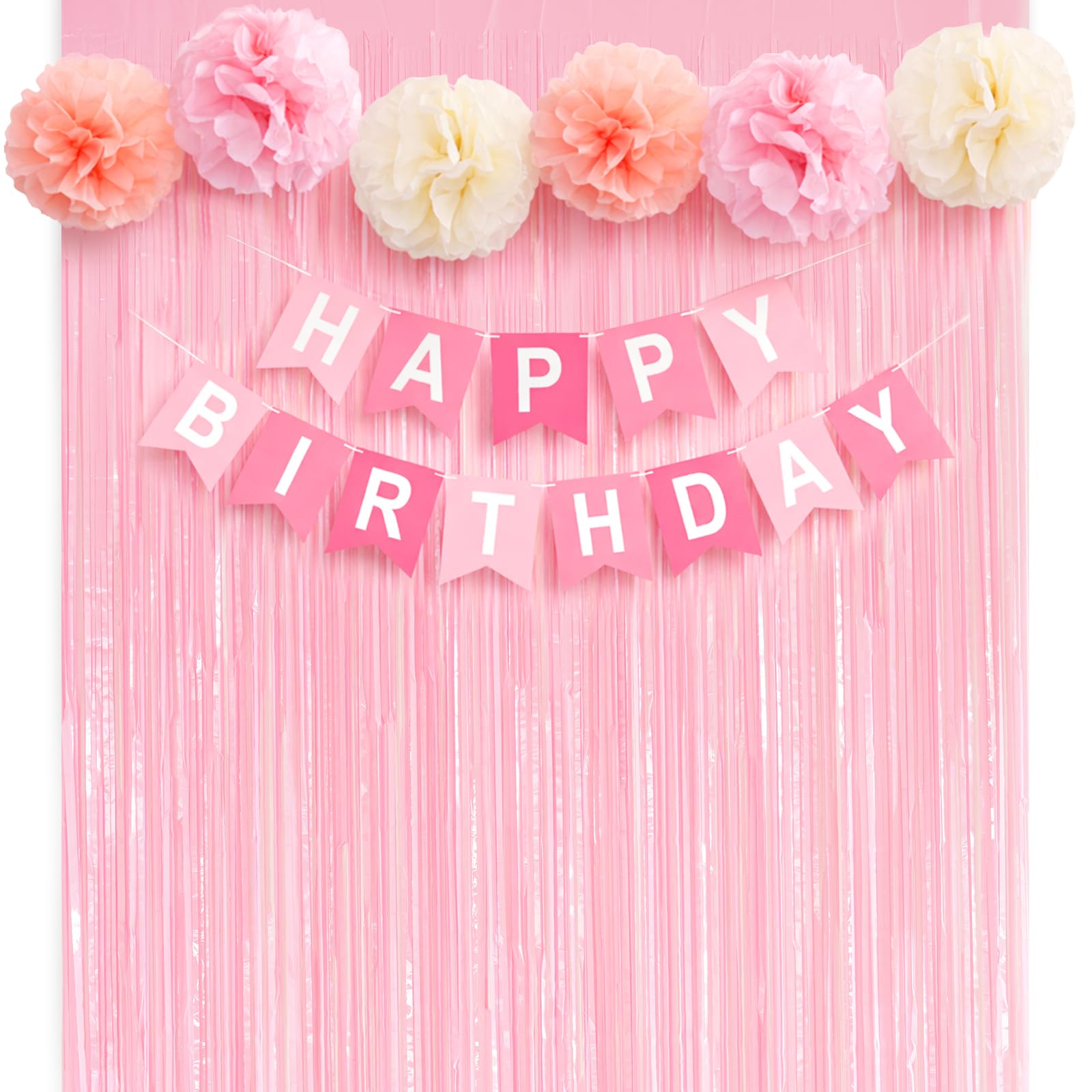 jijAcraft Baby Pink Birthday Decoration for Girls: Pre-Strung Happy Birthday Banner, 2PCS Tinsel Foil Fringe Curtains, 6PCS Tissue Paper Pom Poms for Girls and Women Party Decorations — image 1