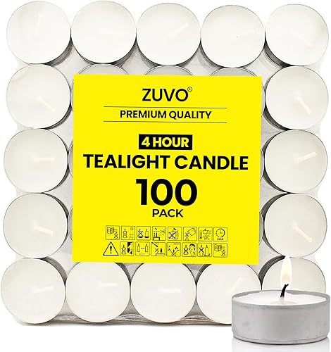 Zuvo Velas de té de 4 horas de combustión (paquete de 100) - Luces T blancas - Velas sin humo y sin perfume hechas en Europa 1.5 x 0.9 in - 4 horas -