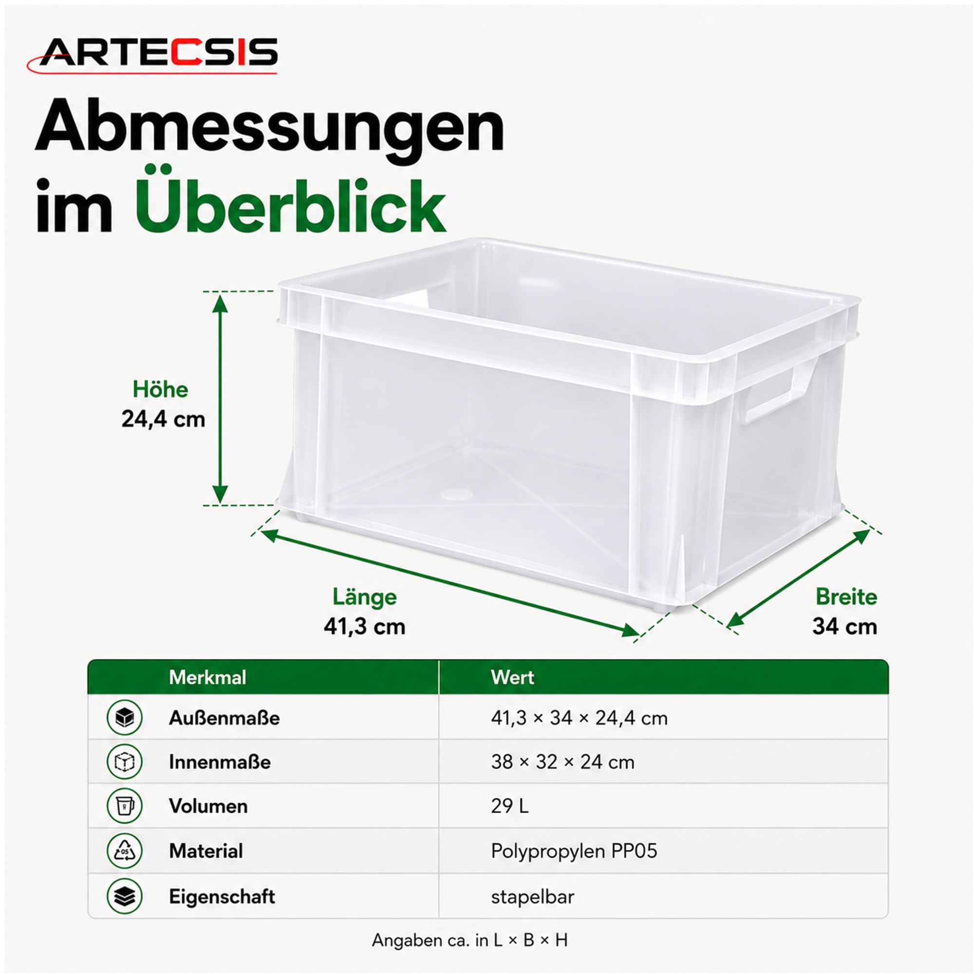 ARTECSIS® 3 x Kunststoffkiste 29L (stapelbar) rot - Transport & Lagerbox (41x34x24cm) - Aufbewahrungsbox & Lagerkiste aus stabilem Kunststoff - Ordnungsbox & Transportkiste Garten & Werkstatt