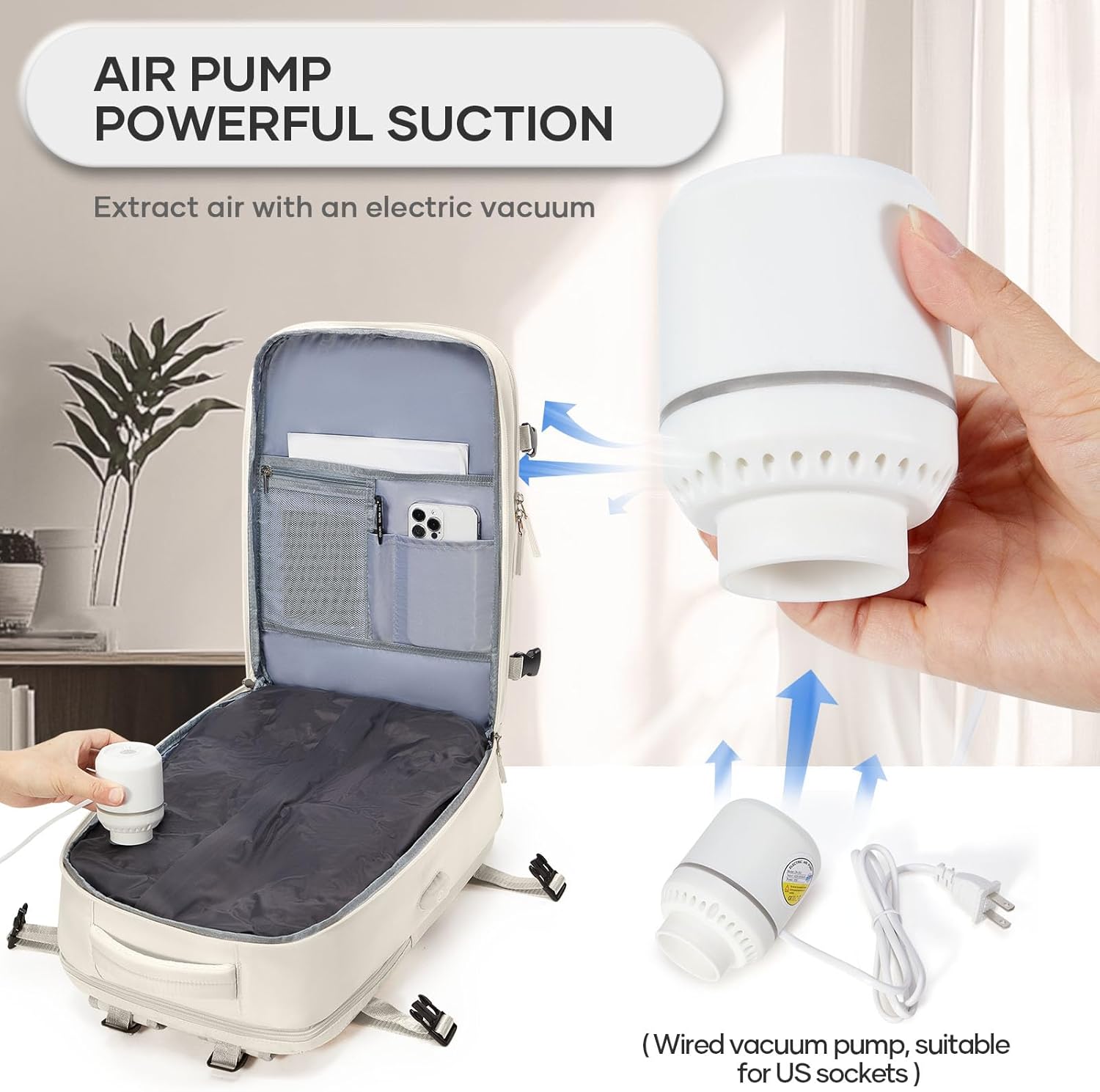 Vacuum Compression Travel Backpack with Pump, Travel Vacuum Bags Flight Approved Waterproof Personal Item Carry on Backpacks with Shoe Compartment/17inch Laptop Compartment/USB Port, White - Image 4