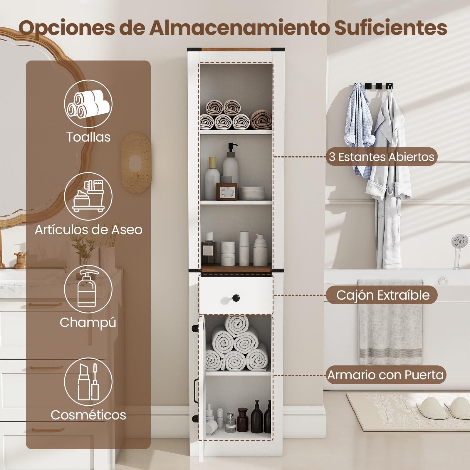 GIANTEX Armario Alto de Baño de 173 cm, Mueble Columna con 3 Estantes, Cajón y Armario Inferior, Estante Ajustable, 40 x 24 x 173 cm, Mueble Organizador para Cocina, Salón