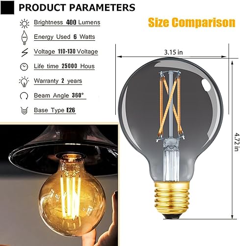 Miniatura 2 de Leools Bombillas LED G25 decorativas regulables de 6 W, 2700 K blanco cálido, bombilla Edison equivalente a 40 W, base media E26, vidrio gris