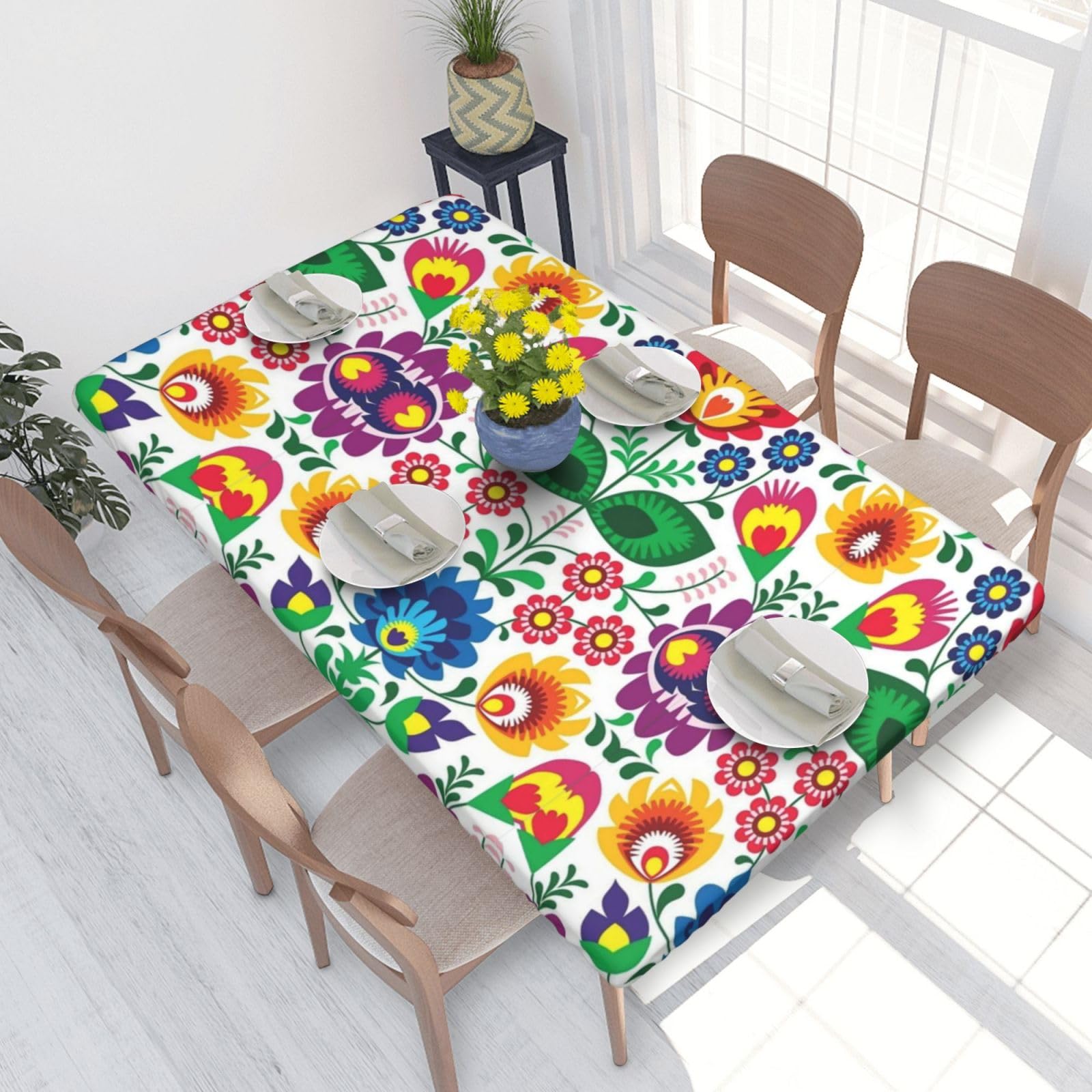 BeNtli Tablecloth,Waterproof Fitted Table Cloth Elastic Edged Table Cover 4FT for Kitchen,Flower Polish Folk Art