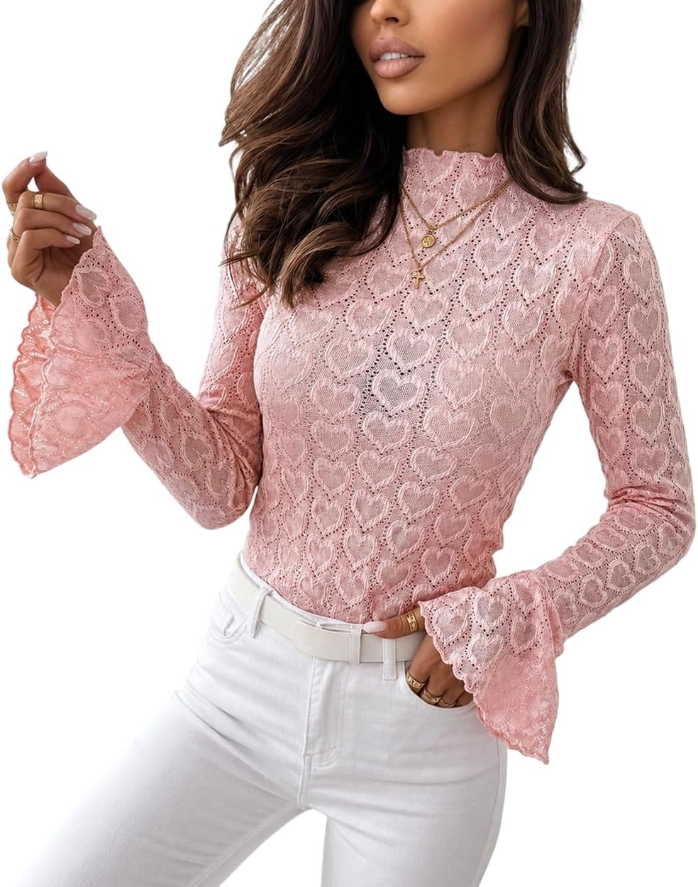 CHICME Women Heart Pointelle Knit Top