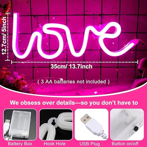 Miniatura 2 de Letreros de neón de amor, luces LED de neón rosa con carga por USBbatería para habitación de niñas, Día de la Madre, regalo de Navidad, cumpleaños,