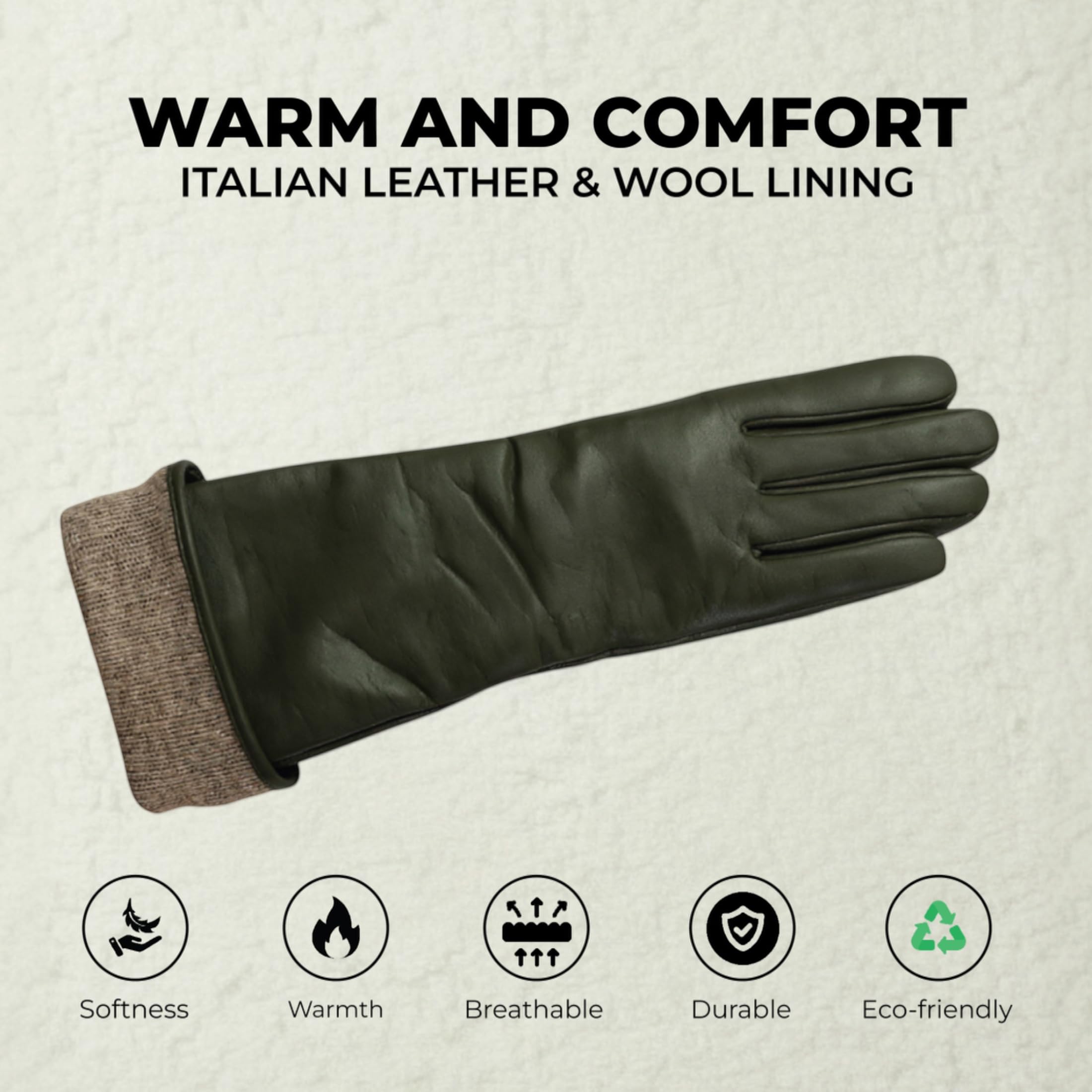Infinity Leather Lange italienische Lederhandschuhe für Damen Weiches Wollfutter, Touchscreen Kompatibel, Wasserabweisend Elegante, Opernlange Luxus Lederhandschuhe Für Damen