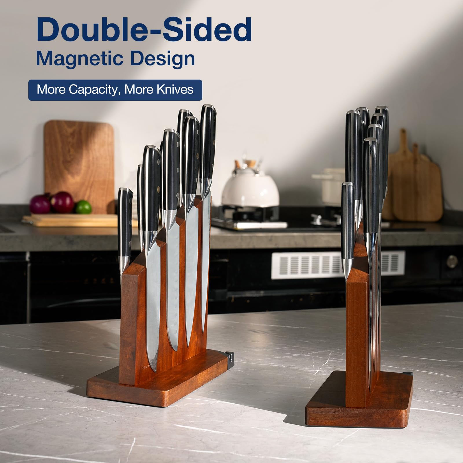 Gourmetop Porte-couteaux magnétique avec aiguiseur intégré, 100 % bois d'acacia magnétique sans couteaux, support de couteaux magnétique double face solide pour l'organisation du comptoir de cuisine