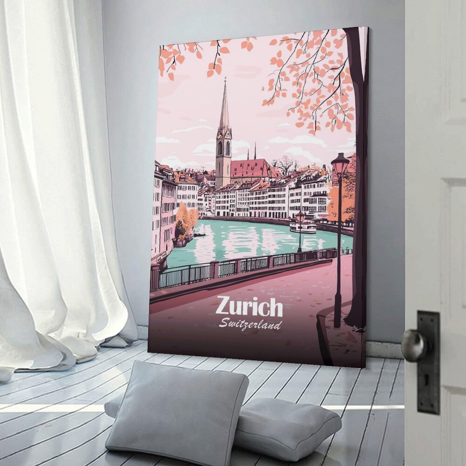 Junmoney Zurich Cityscape Illustration Canvas Wall Decor 24x36inch(60x90cm), for Corridors, Hallways Or Apartment Entries, A Stylish Accent for Home Entrances