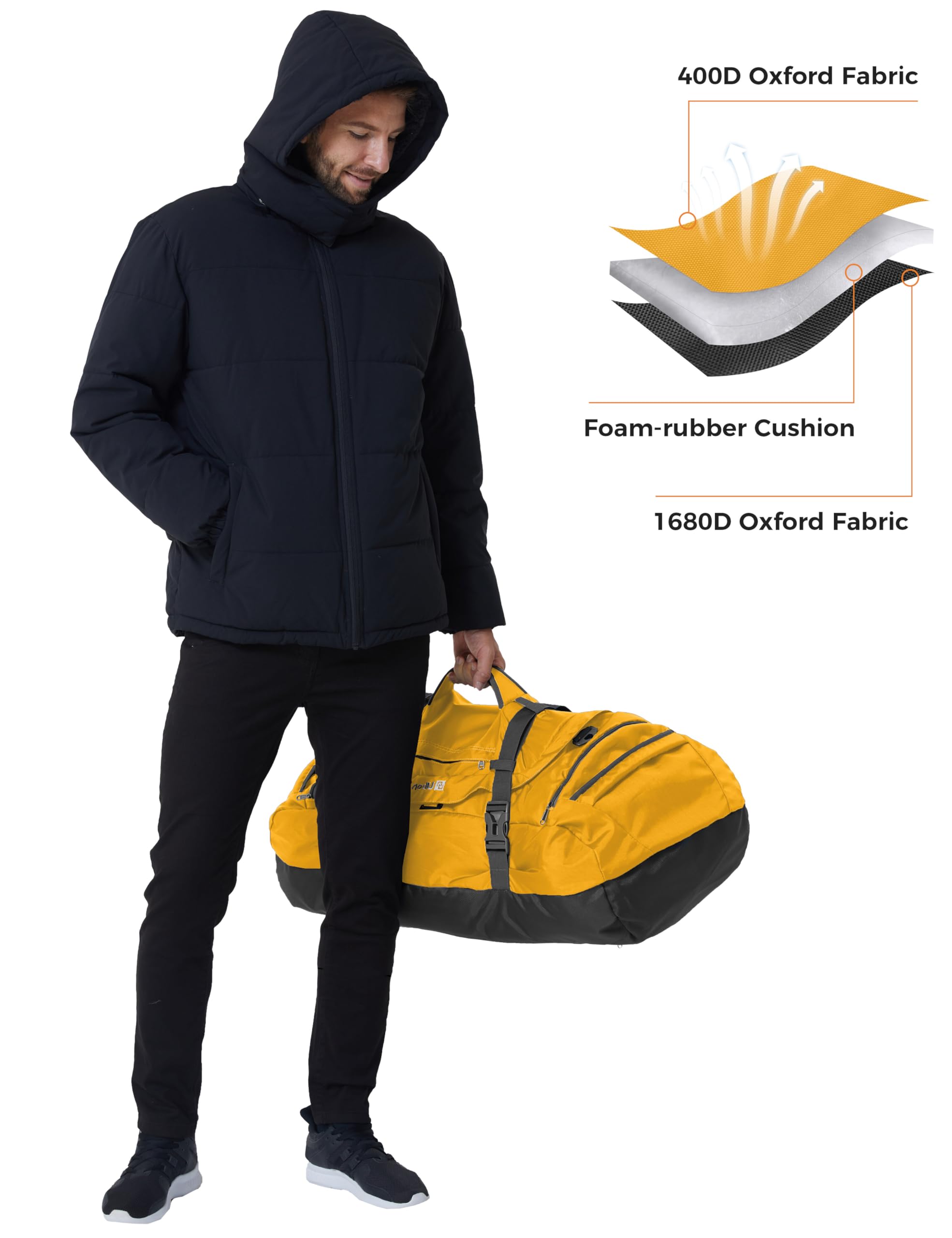 Ubon Borsone da Viaggio Grande Borse con Spazio per Laptop Vano Biancheria Ventilato Scomparto Scarpe Cinghie di Compressione Attrezzatura Escursionismo Campeggio Spiaggia Palestra Unisex Giallo 65L